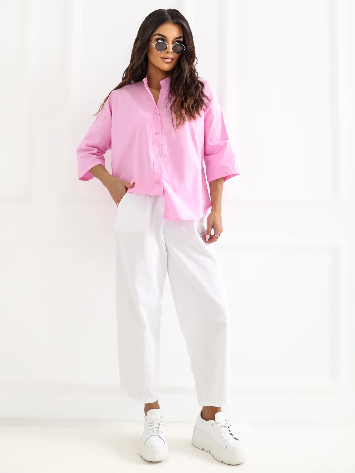 Camasa Dama Mini, Decolteu in V, Maya, Roz Eleganta Office - imagine 4