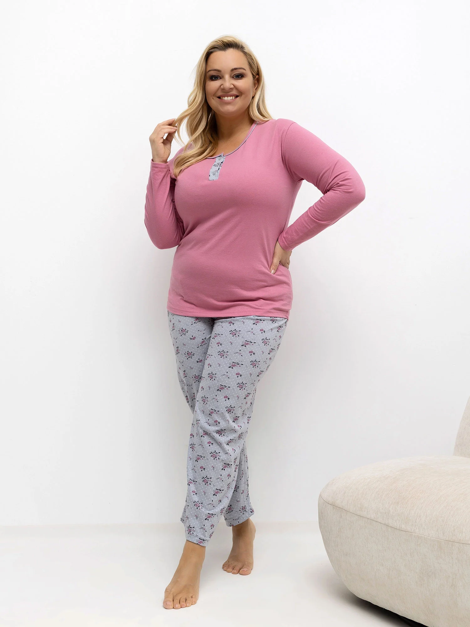 Pijama Dama Maneca lunga, Floral, Forever Pink, Roz Marimi Mari - imagine 5