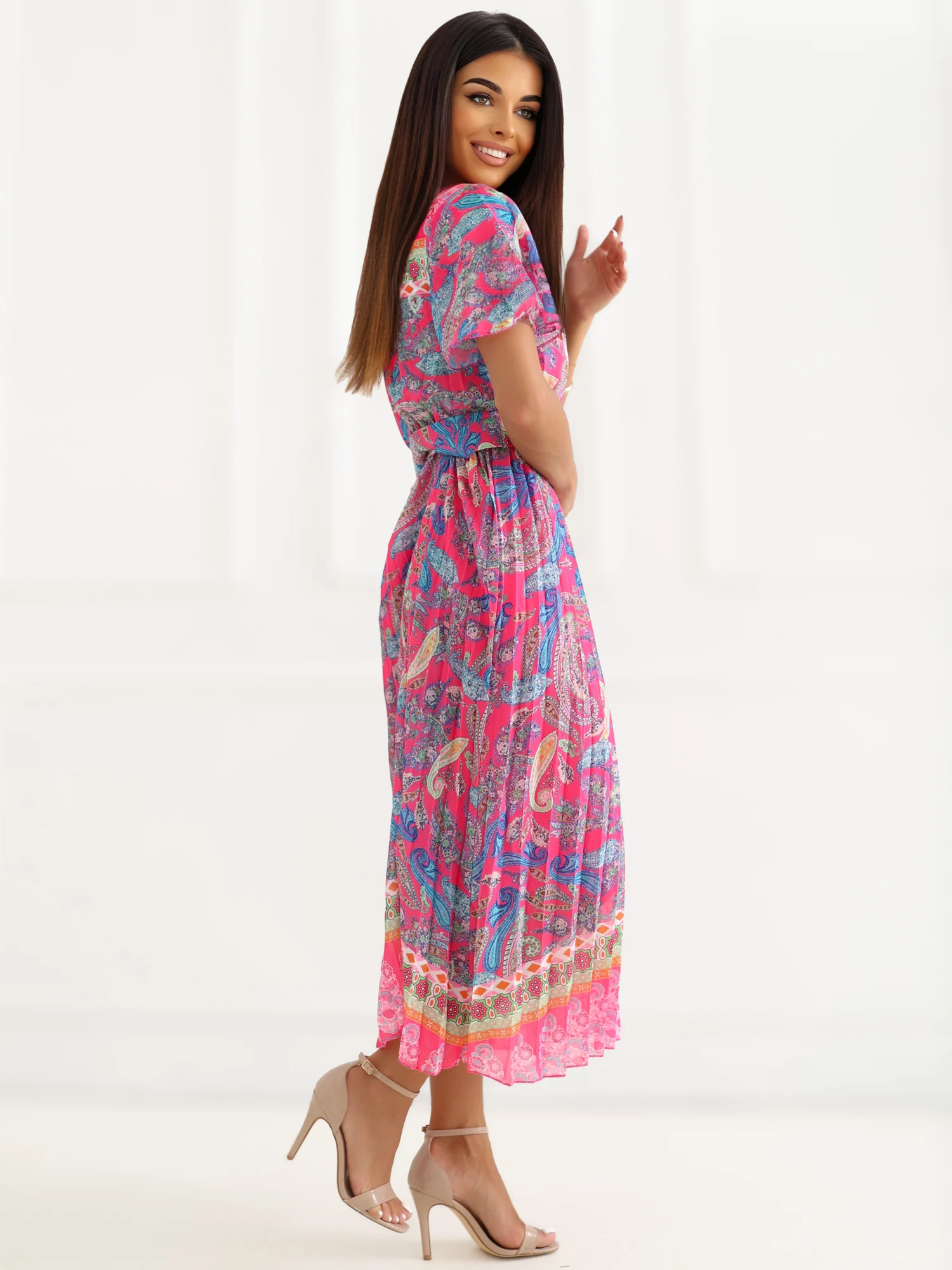 Rochie Dama Midi, Imprimat, ITALY MODA, Roz Eleganta Office - Image 2