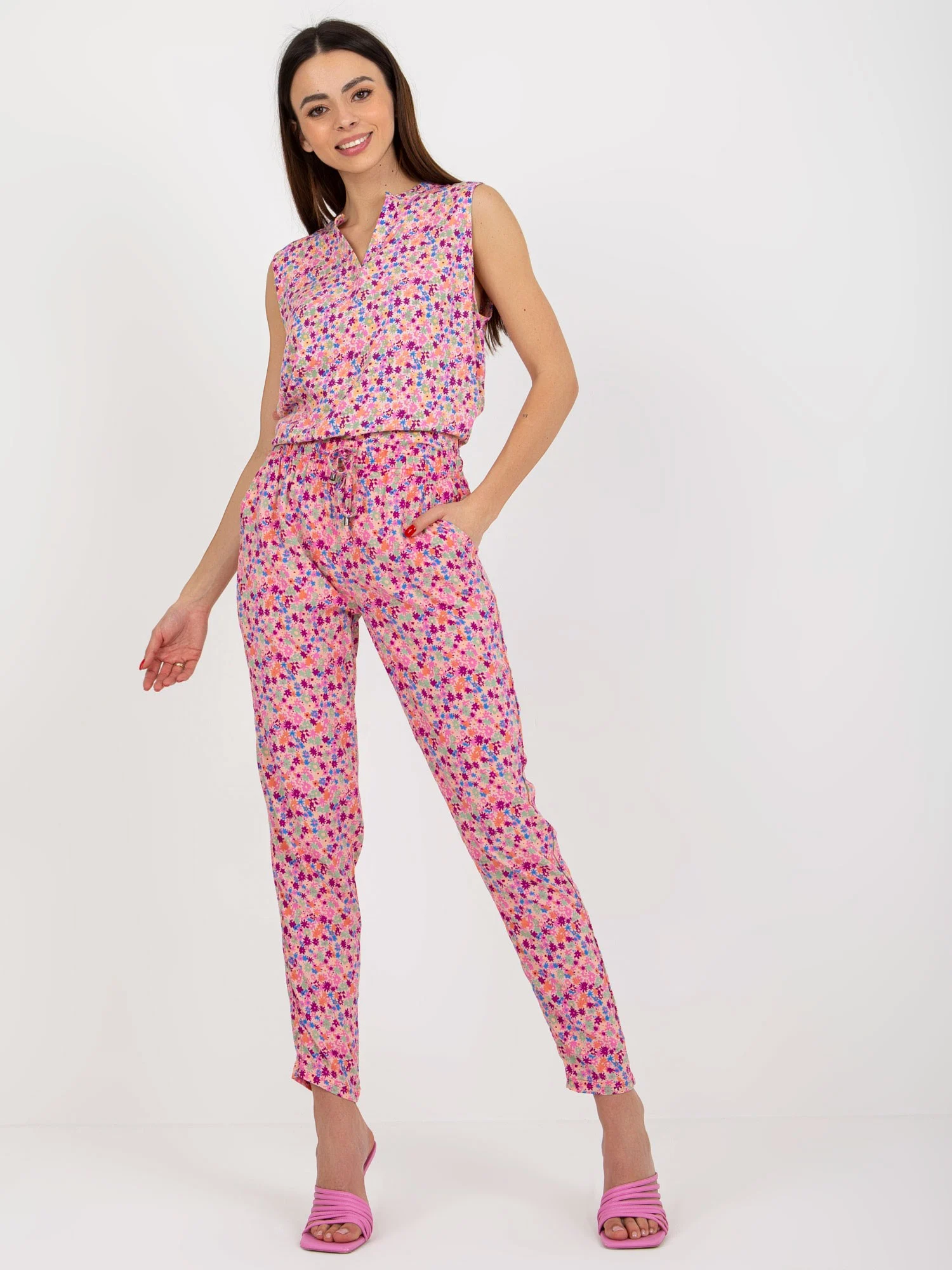 Pantaloni Dama Floral, Dreapta, Sublevel, Roz Casual Marimi Mari - imagine 6