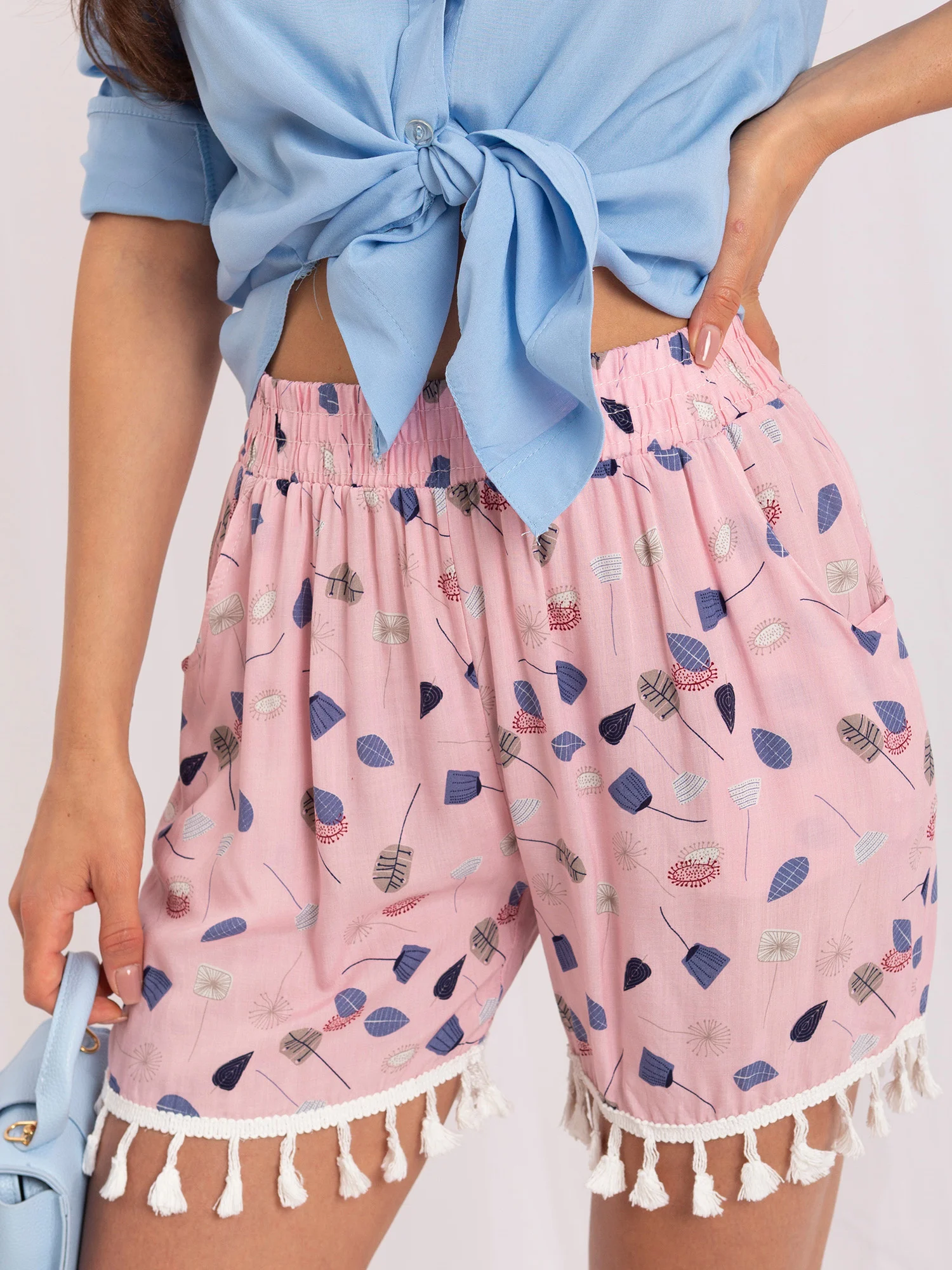 Pantaloni Scurti Dama Boho, Guler inalt, We Are The World, Roz Casual - imagine 4
