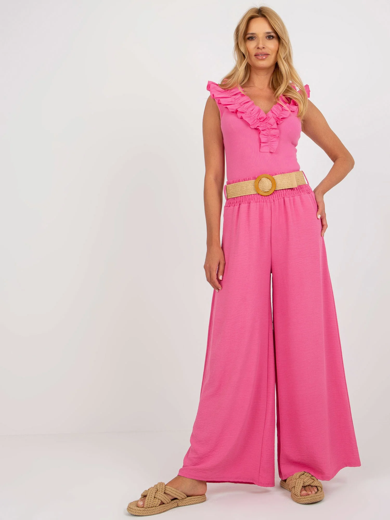 Pantaloni Dama Larga, Guler inalt, ITALY MODA, Roz Casual - imagine 4