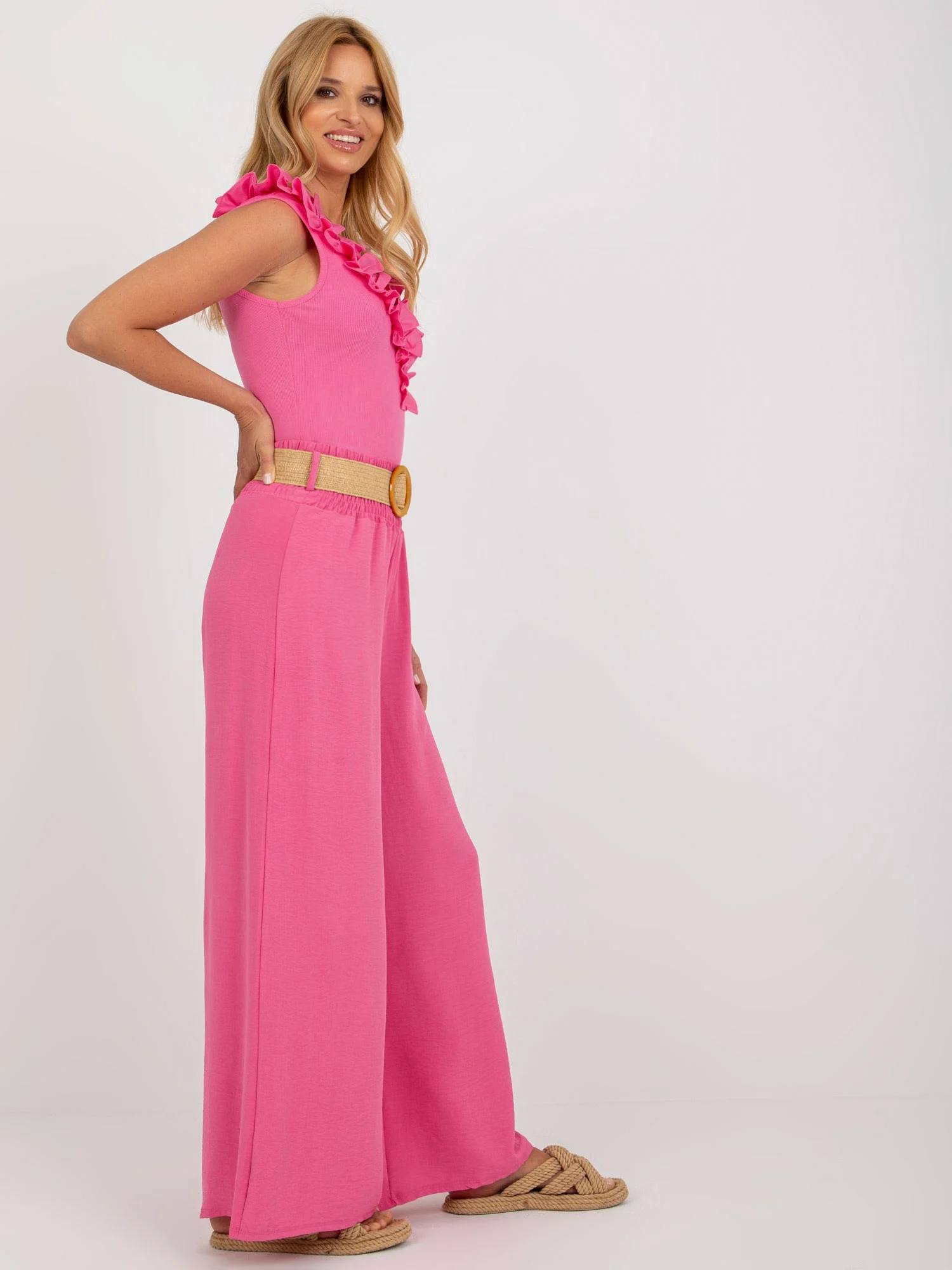 Pantaloni Dama Larga, Guler inalt, ITALY MODA, Roz Casual - imagine 5
