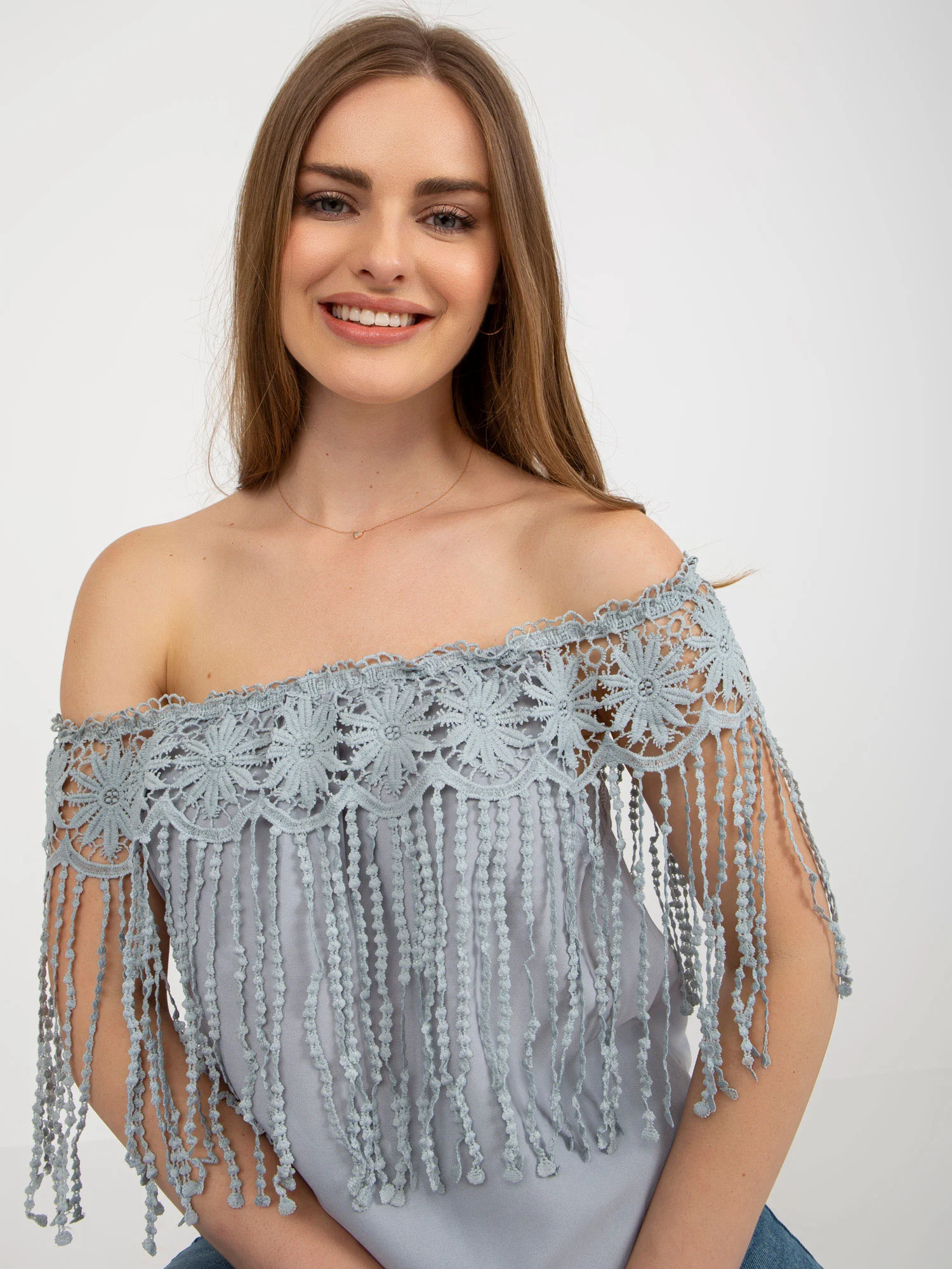 Bluza Dama Mini, Dantela, Ming Yi Fang, Gri Casual - imagine 3
