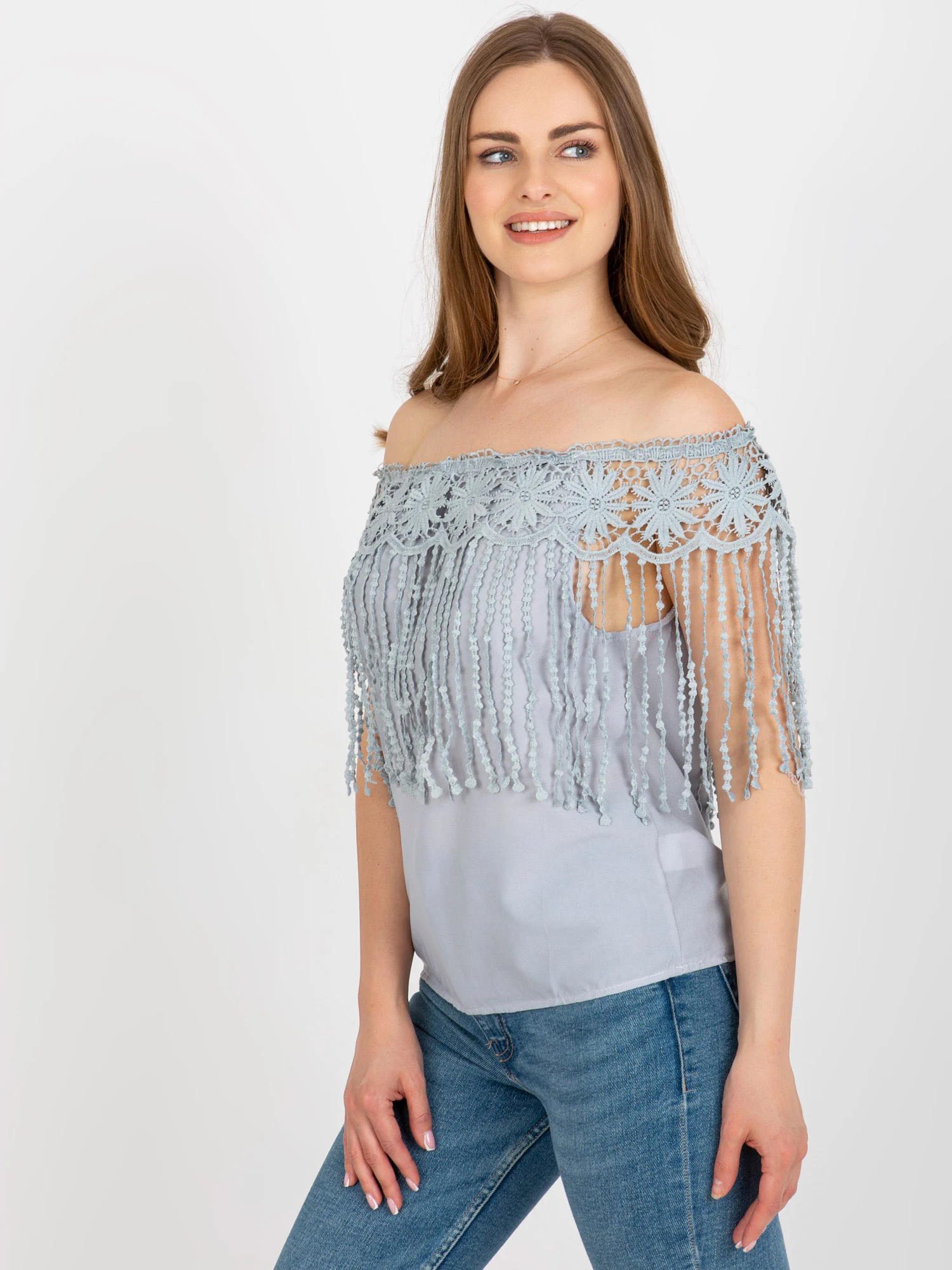 Bluza Dama Mini, Dantela, Ming Yi Fang, Gri Casual - imagine 4