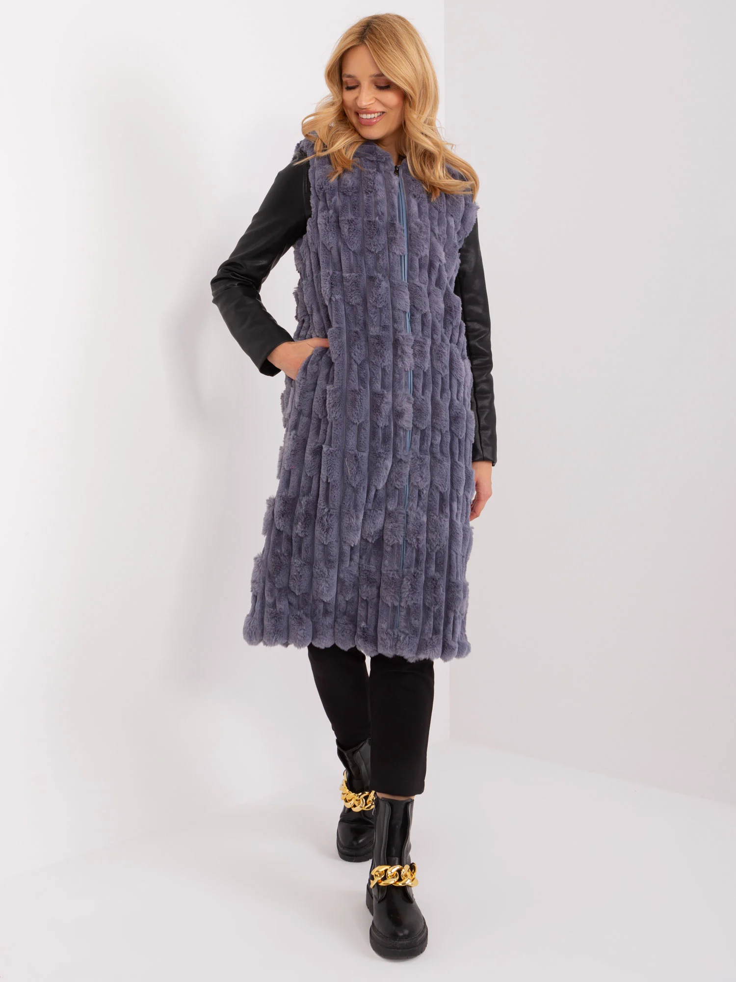 Vesta Dama Fara maneci, Elegant, Wool Fashion Italia, Gri Eleganta Office - Image 5