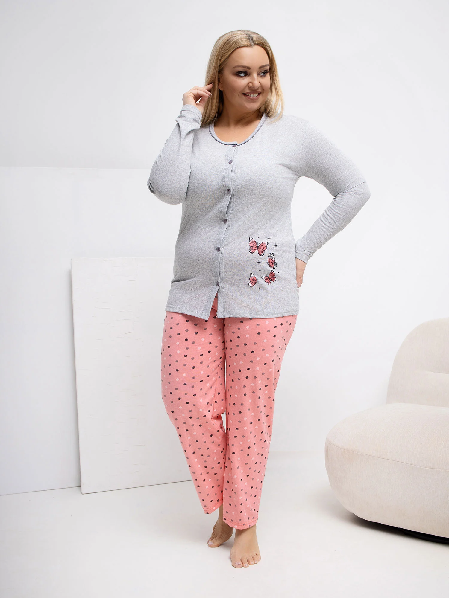 Pijama Dama Maneca lunga, Buline, Forever Pink, Gri Marimi Mari - imagine 2