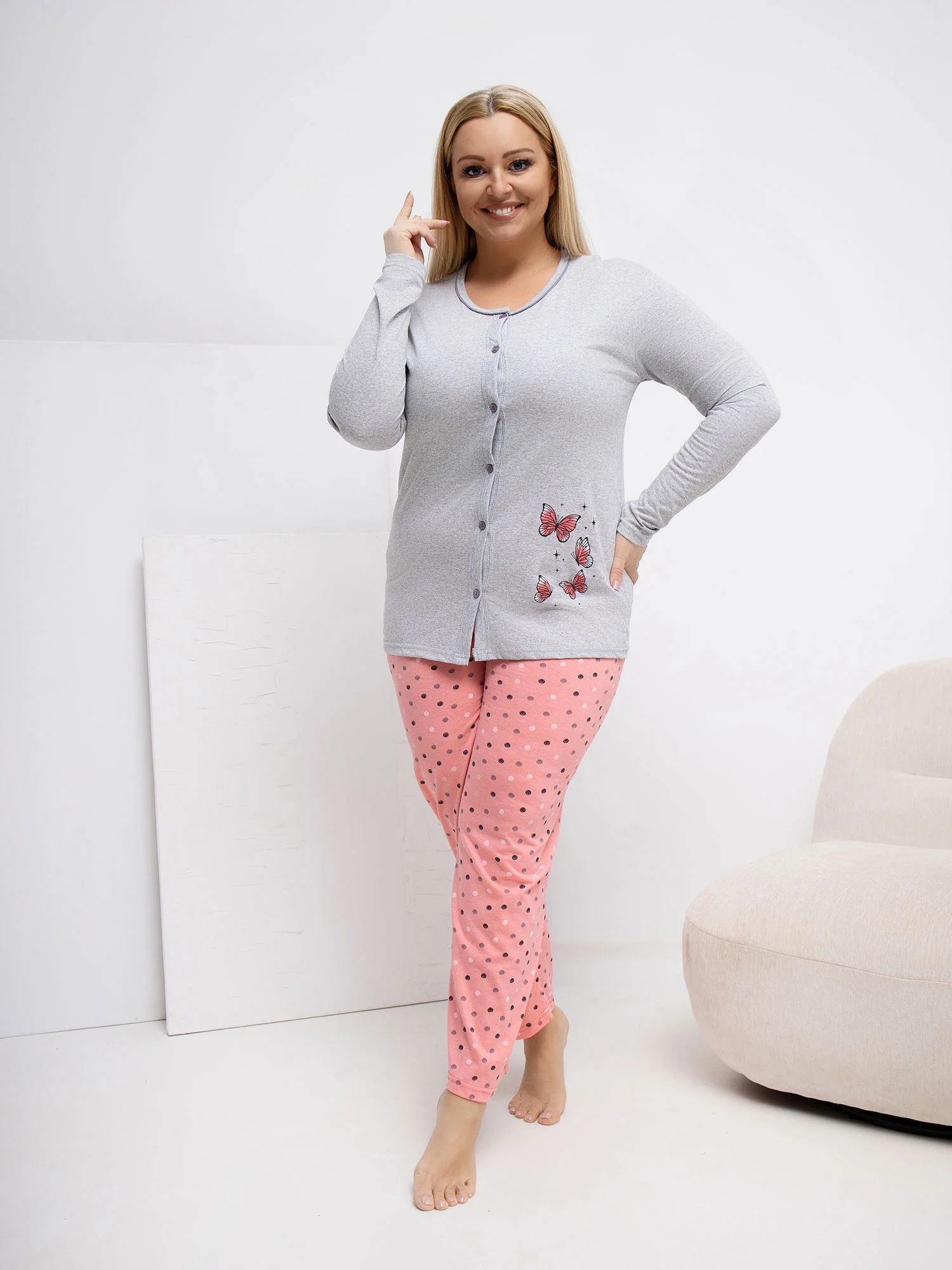 Pijama Dama Maneca lunga, Buline, Forever Pink, Gri Marimi Mari - imagine 4