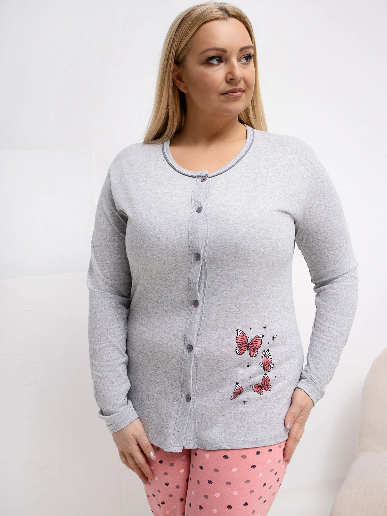 Pijama Dama Maneca lunga, Buline, Forever Pink, Gri Marimi Mari - imagine 5