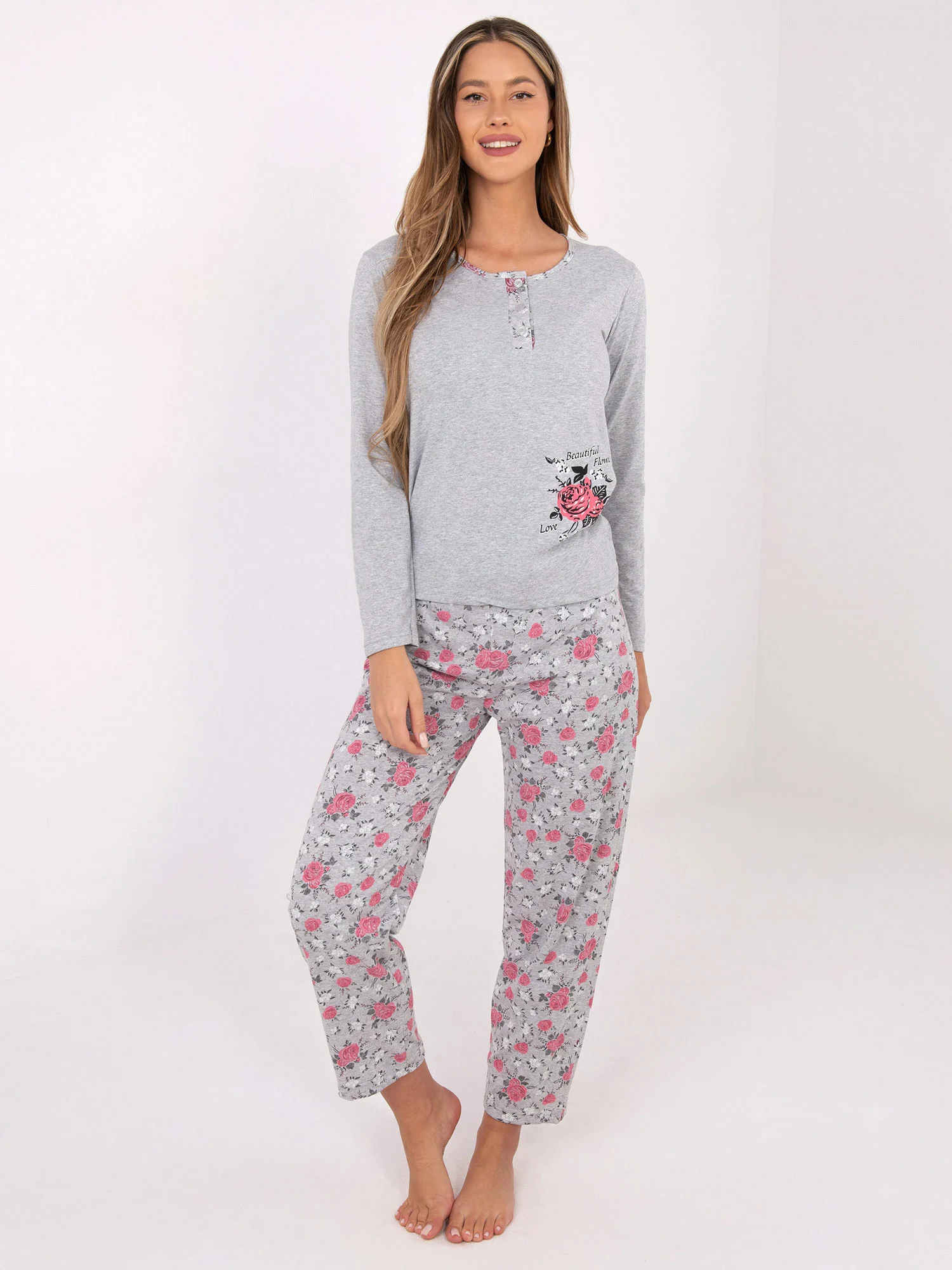 Pijama Dama Maneca lunga, Floral, Forever Pink, Gri Marimi Mari - imagine 6