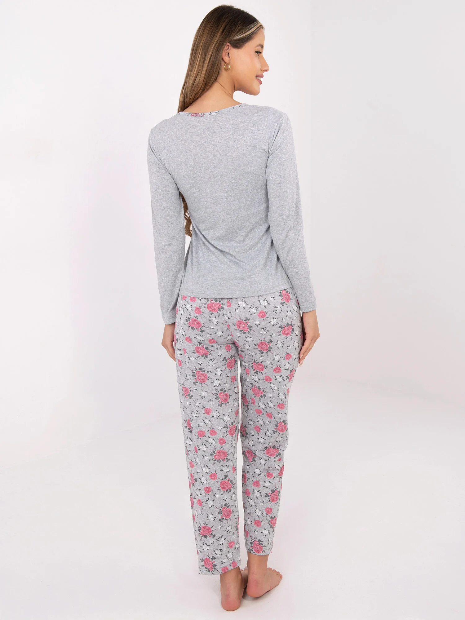 Pijama Dama Maneca lunga, Floral, Forever Pink, Gri Marimi Mari - imagine 3