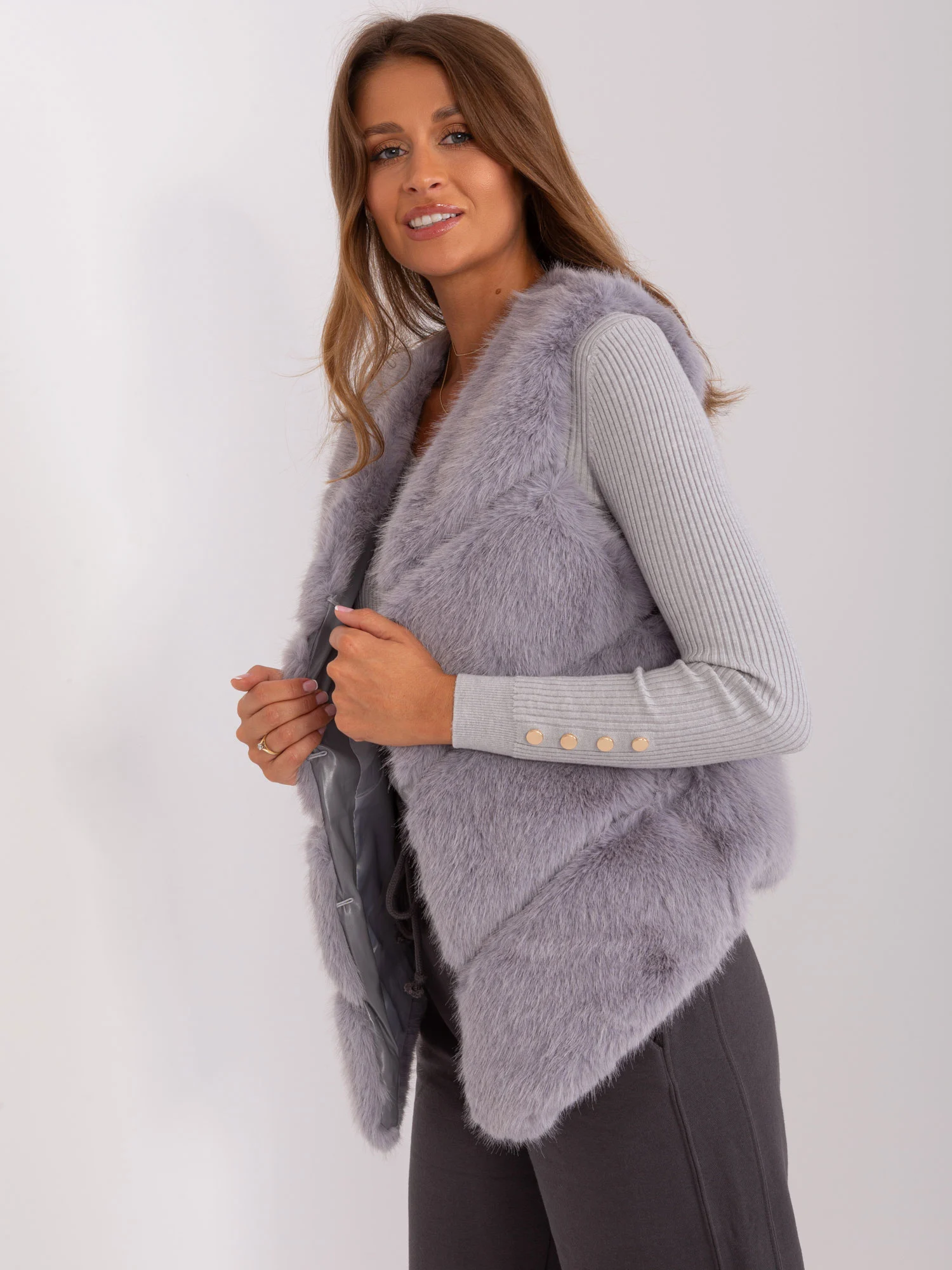 Vesta Dama Fara maneci, Guler inalt, Wool Fashion Italia, Gri de Vara - imagine 3