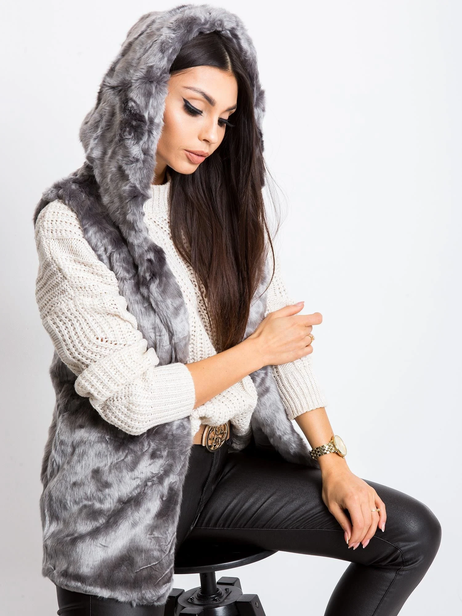 Vesta Dama Fara maneci, Elegant, Wool Fashion Italia, Gri Eleganta Office - imagine 6