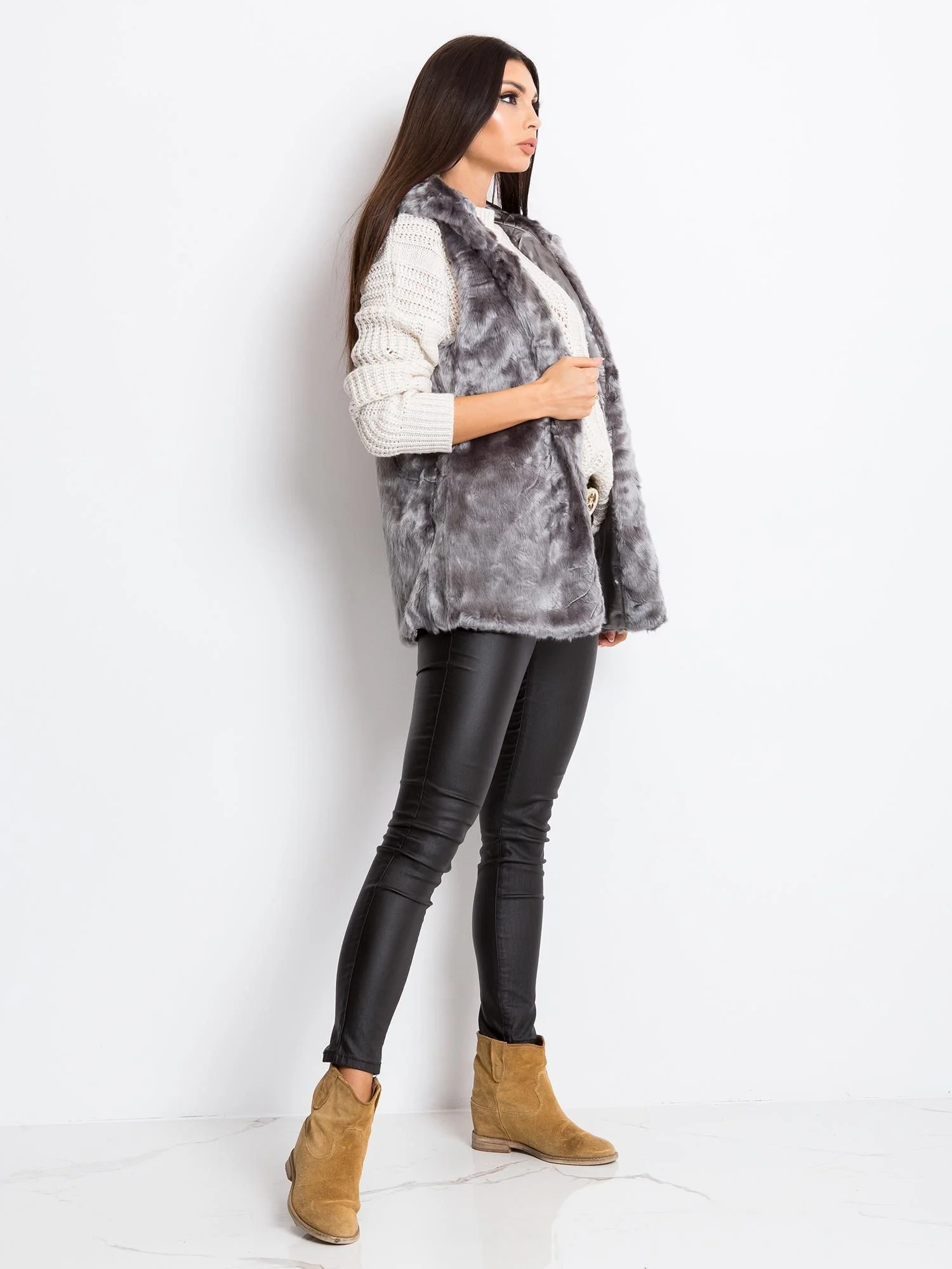 Vesta Dama Fara maneci, Elegant, Wool Fashion Italia, Gri Eleganta Office - imagine 5
