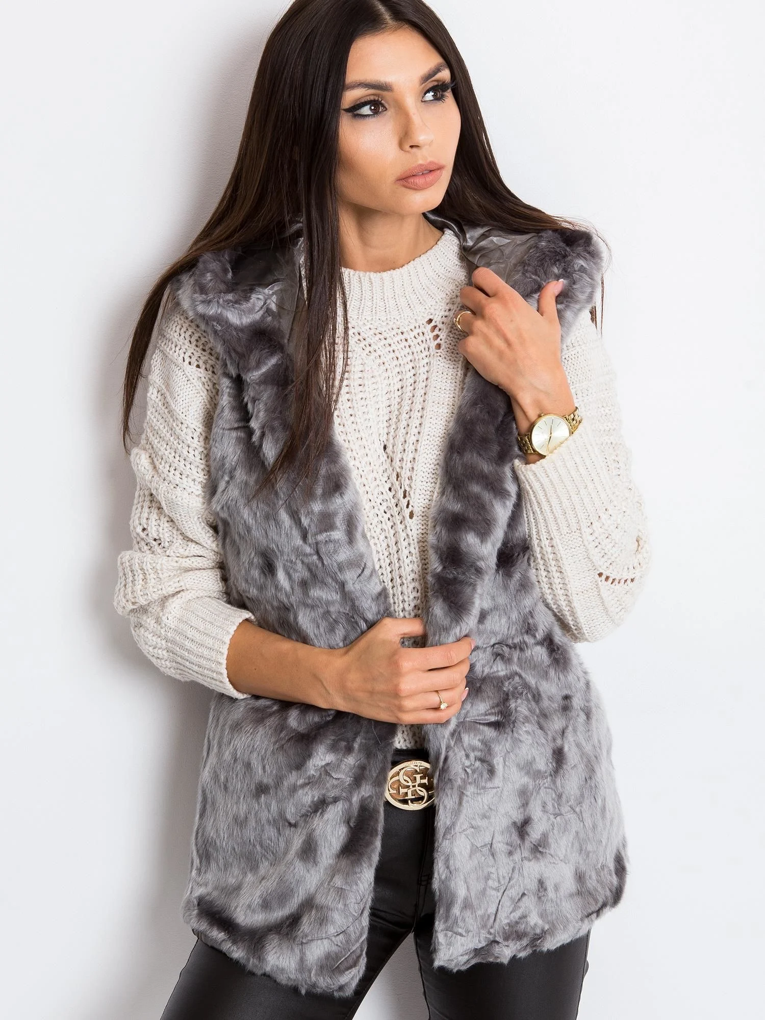 Vesta Dama Fara maneci, Elegant, Wool Fashion Italia, Gri Eleganta Office - imagine 2