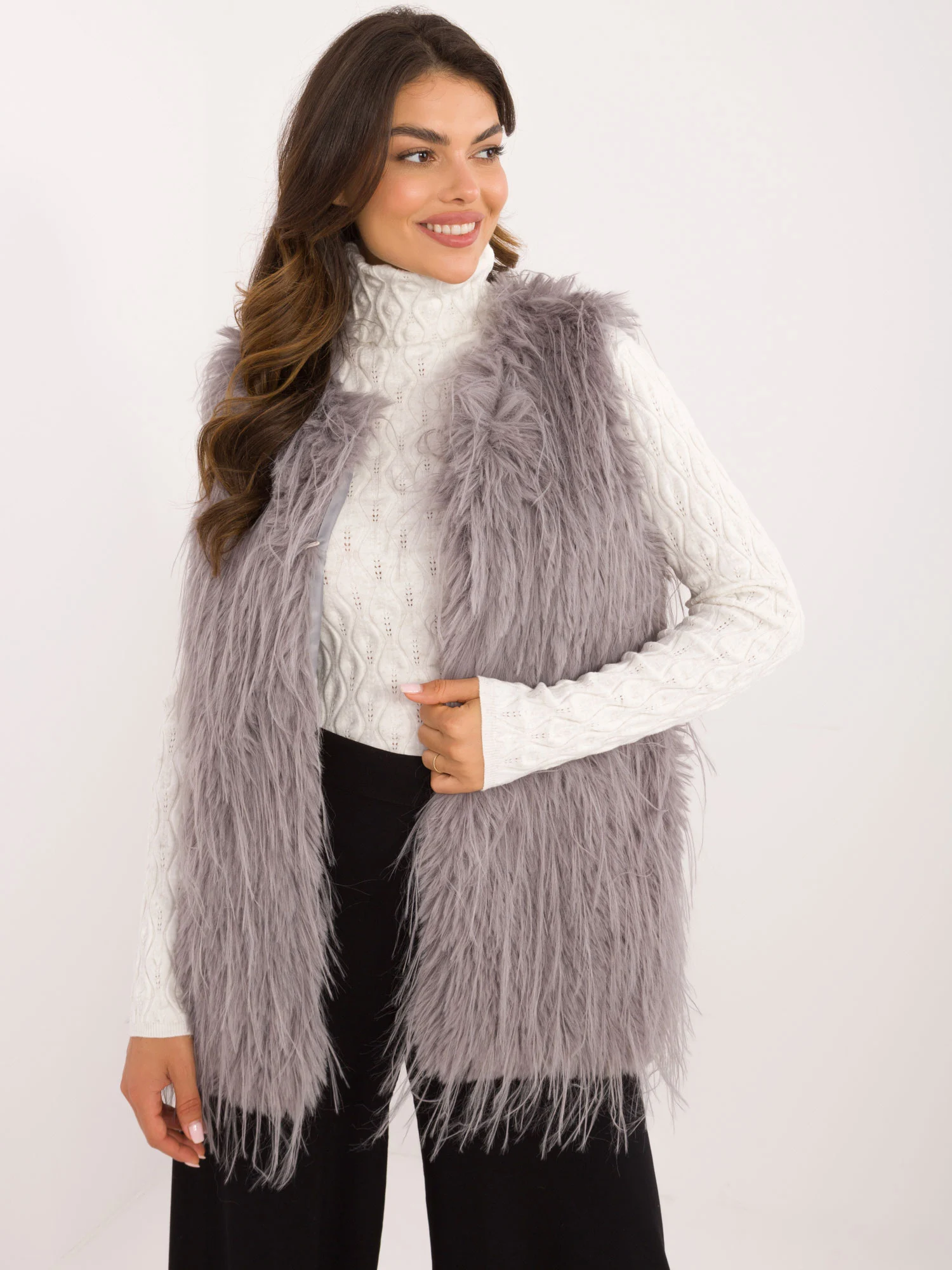 Vesta Dama Fara maneci, Guler inalt, Wool Fashion Italia, Gri de Vara - imagine 5