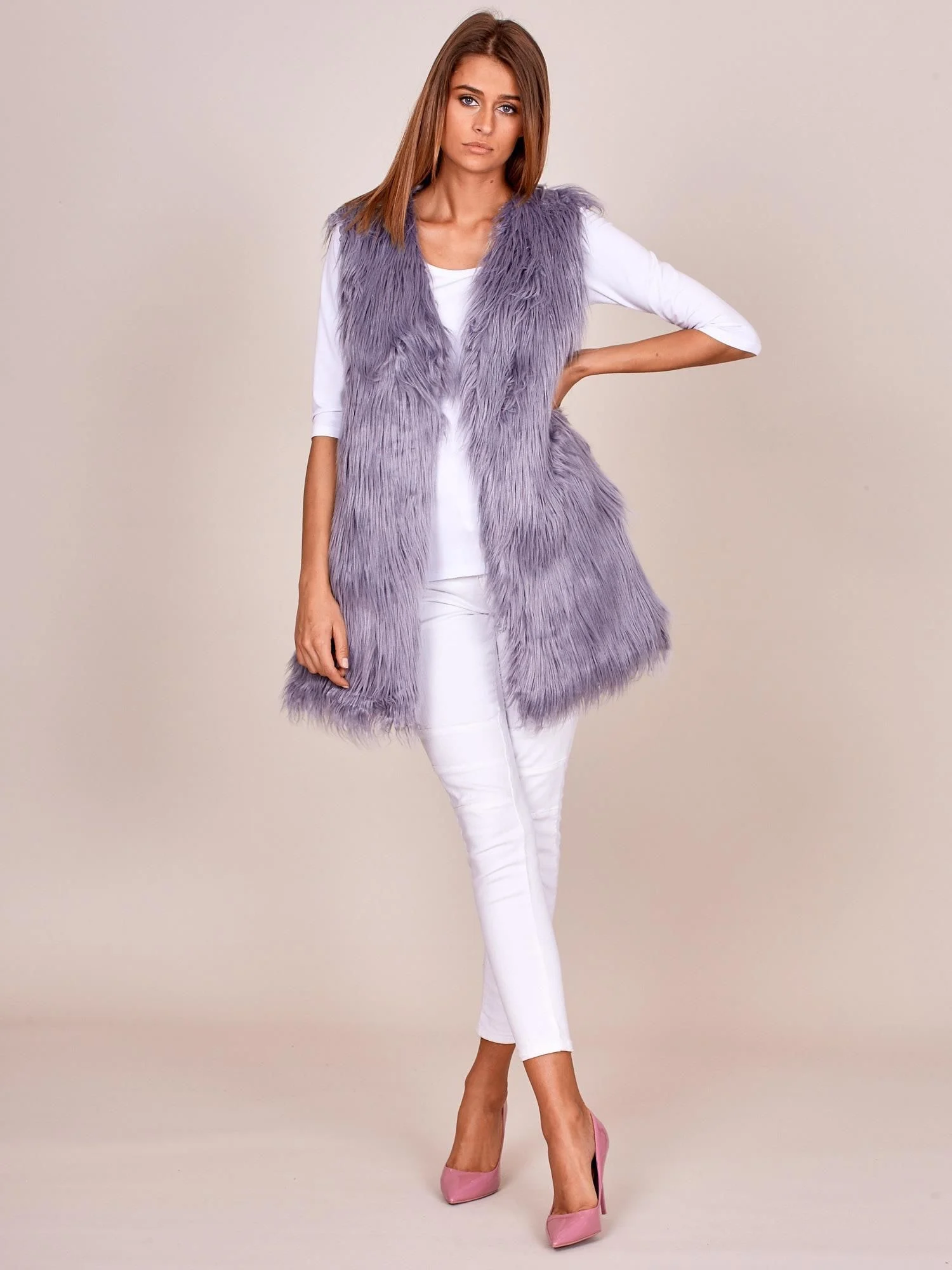 Vesta Dama Fara maneci, Elegant, Wool Fashion Italia, Gri Eleganta Office Marimi Mari - Image 2