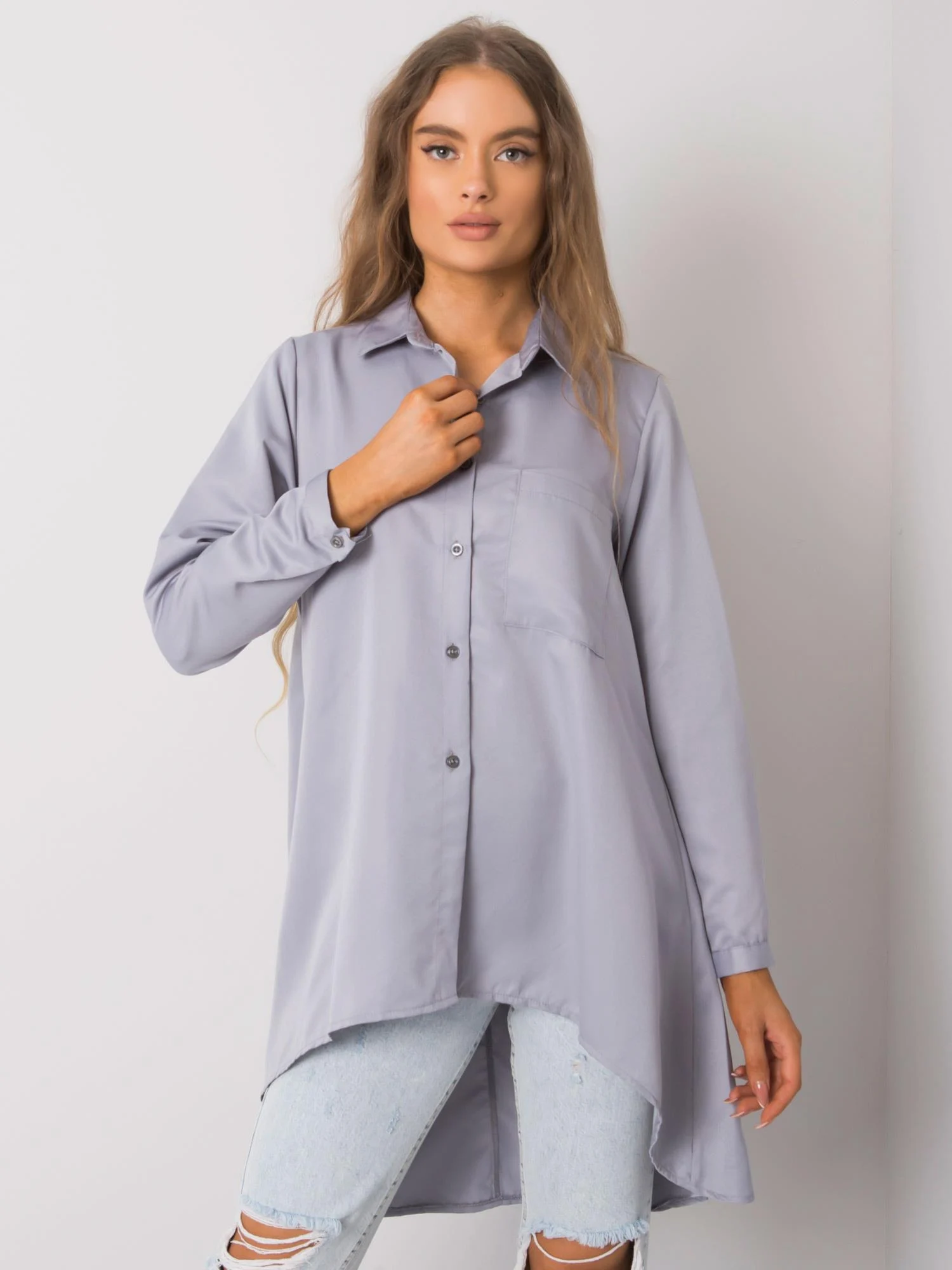 Camasa Dama Maneca lunga, Decolteu cu guler, ex moda, Gri Eleganta Office - imagine 4