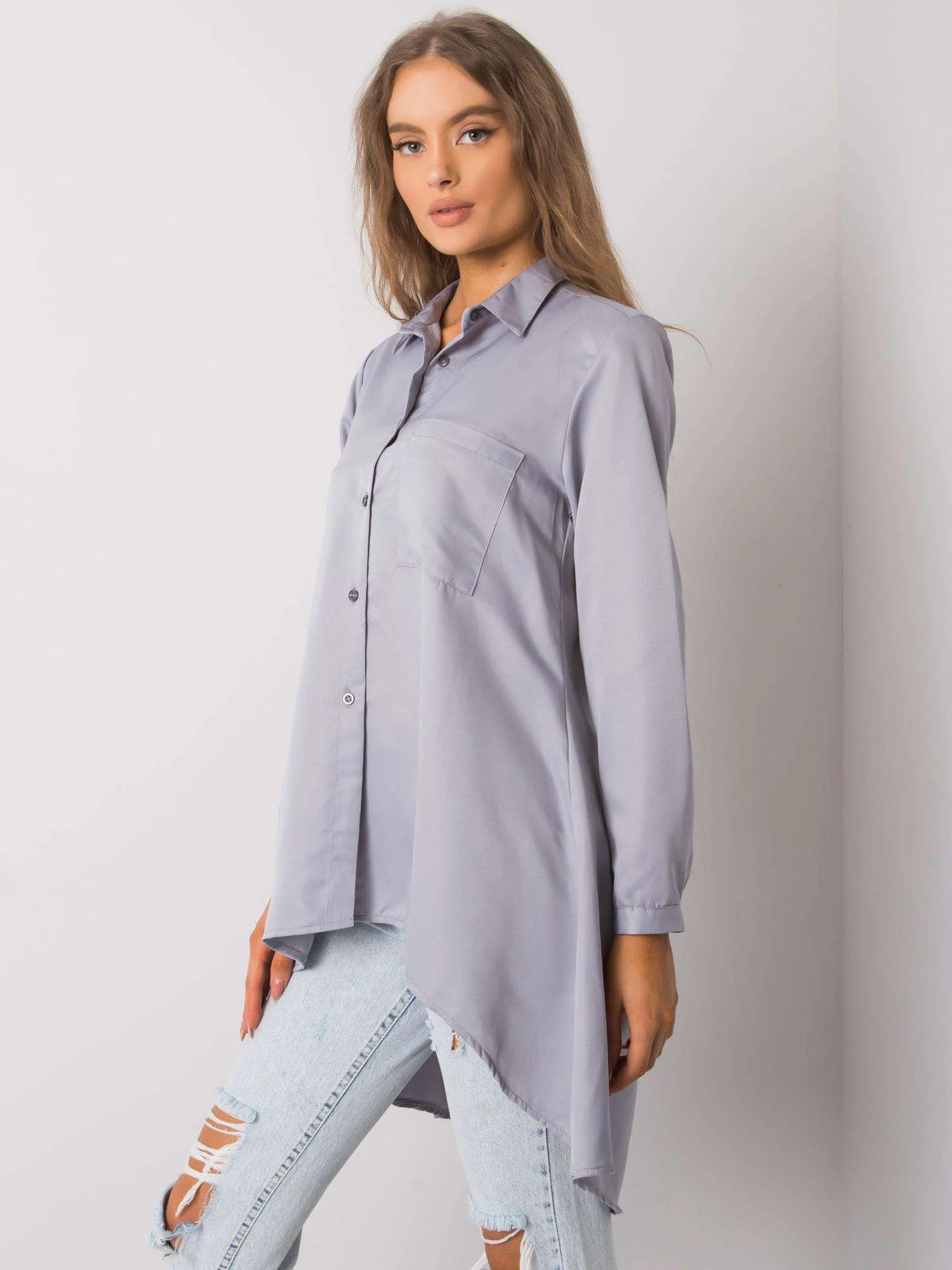 Camasa Dama Maneca lunga, Decolteu cu guler, ex moda, Gri Eleganta Office - imagine 5