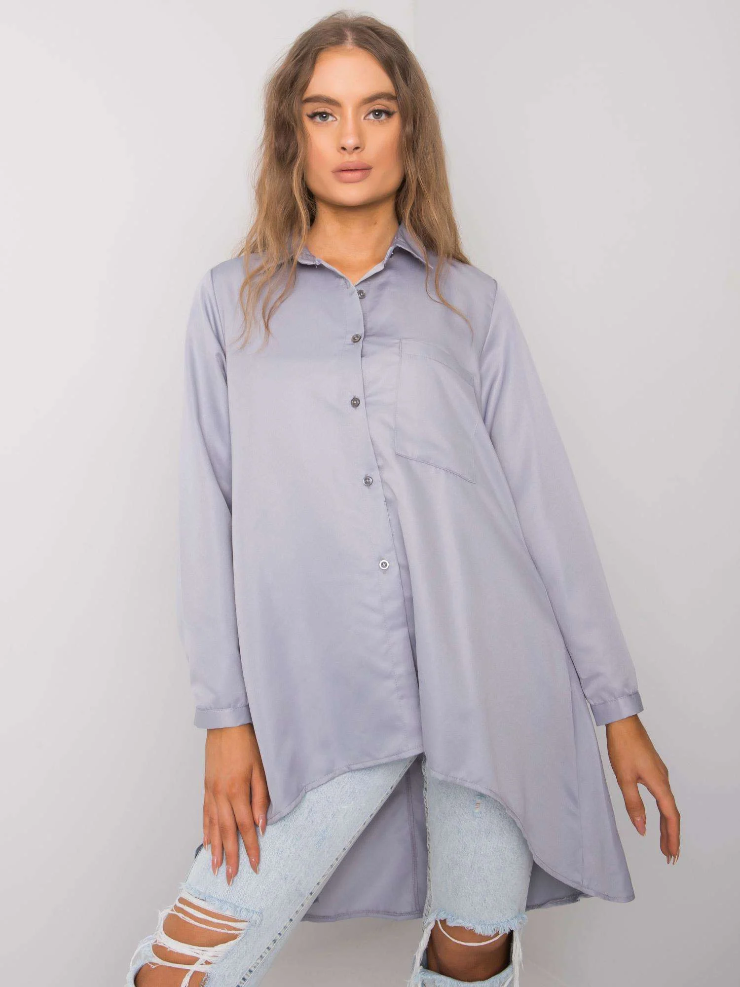 Camasa Dama Maneca lunga, Decolteu cu guler, ex moda, Gri Eleganta Office - imagine 2