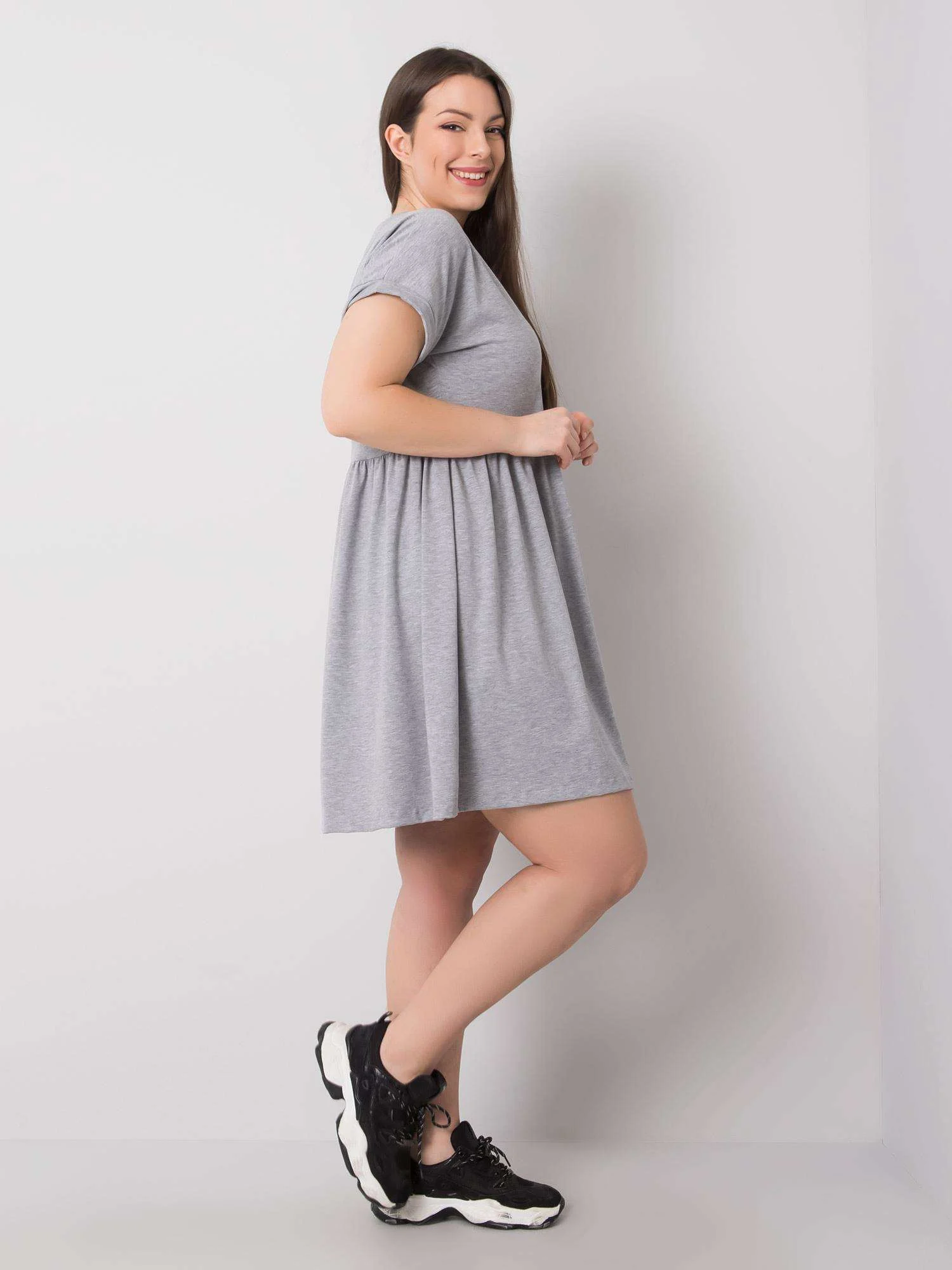 Rochie Dama Mini, Imprimat, BASIC FEEL GOOD, Gri Eleganta Office Marimi Mari - imagine 5