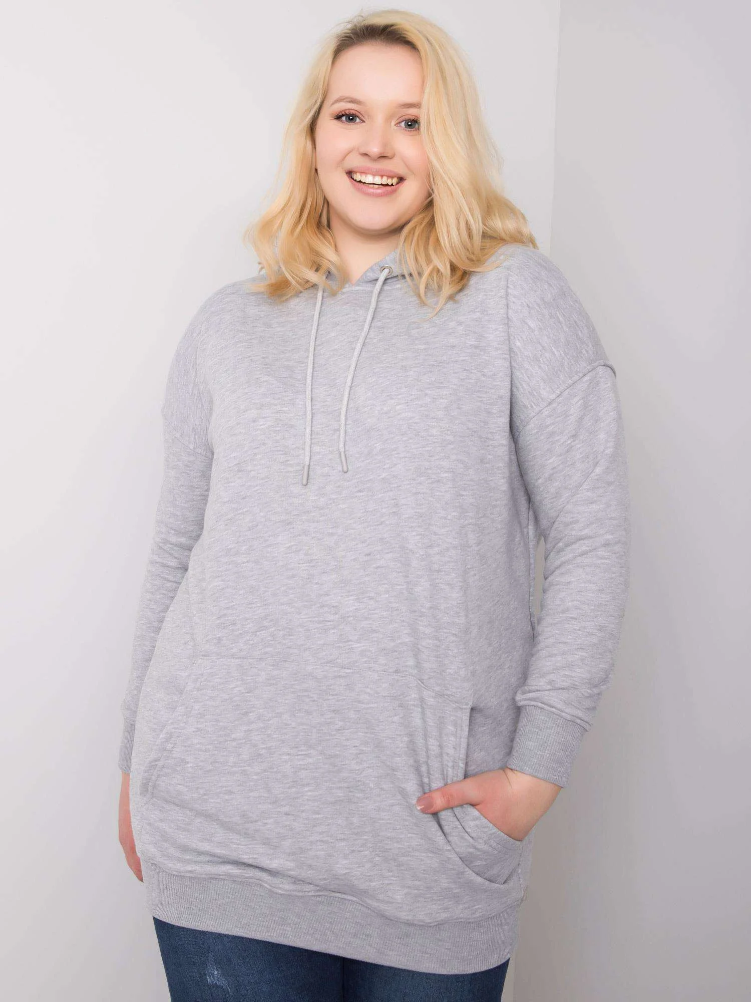 Hanorac Dama Maneca lunga, Imprimat, BASIC FEEL GOOD, Gri Casual Marimi Mari - imagine 2