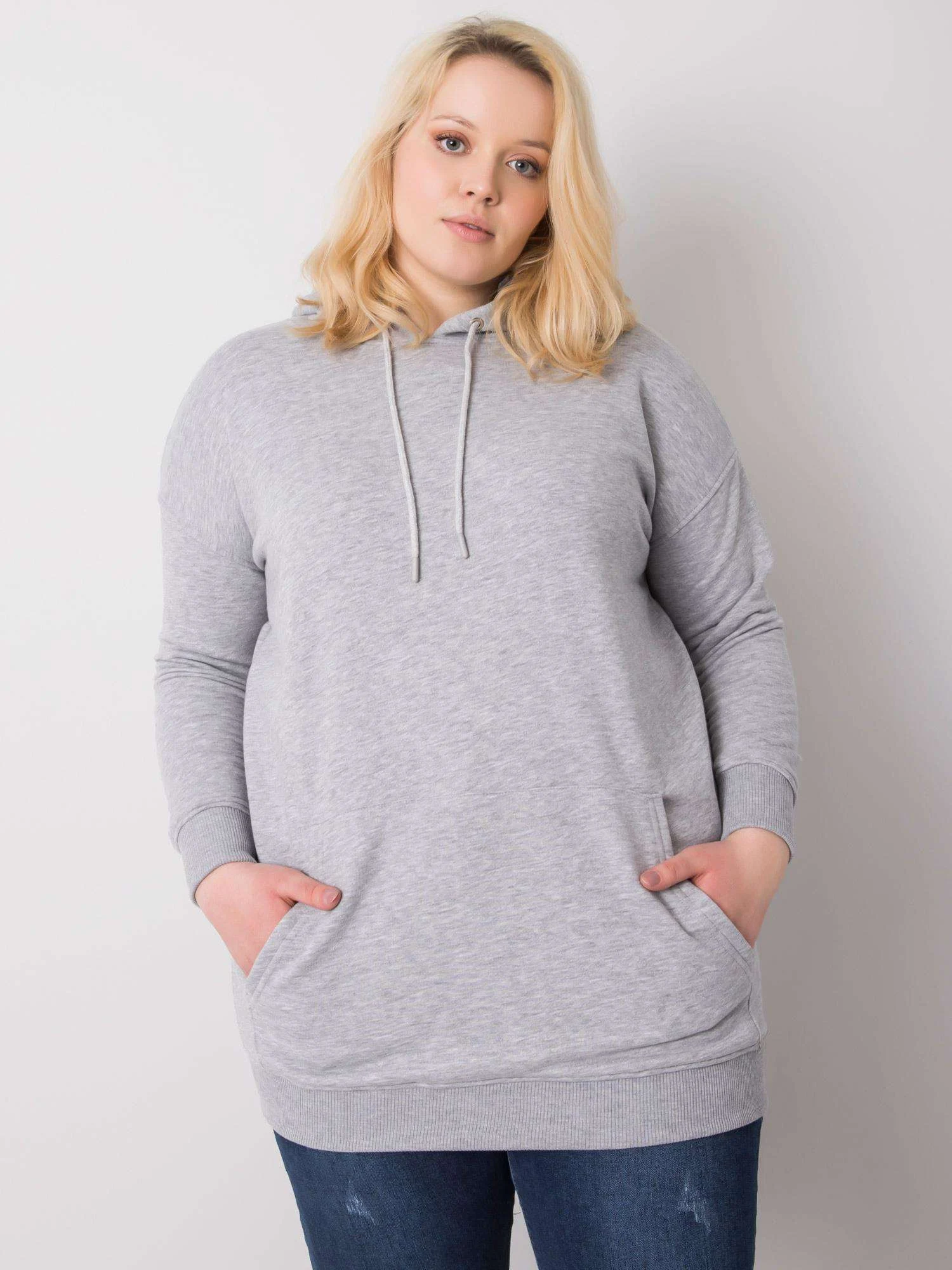 Hanorac Dama Maneca lunga, Imprimat, BASIC FEEL GOOD, Gri Casual Marimi Mari - imagine 3