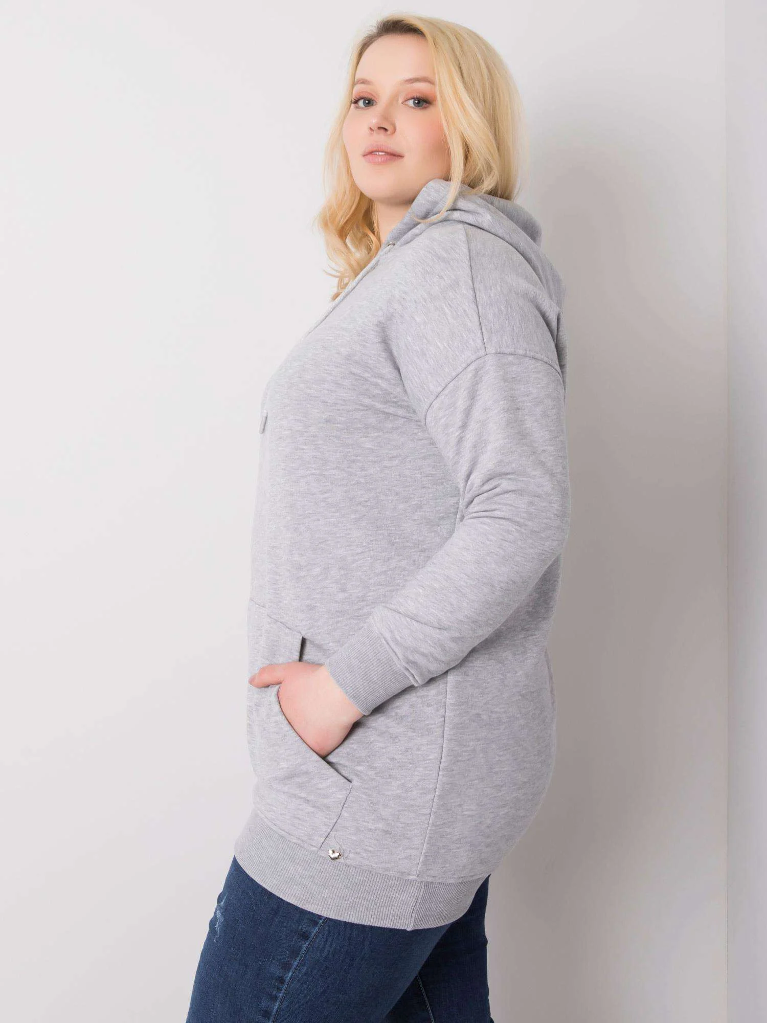 Hanorac Dama Maneca lunga, Imprimat, BASIC FEEL GOOD, Gri Casual Marimi Mari - imagine 7
