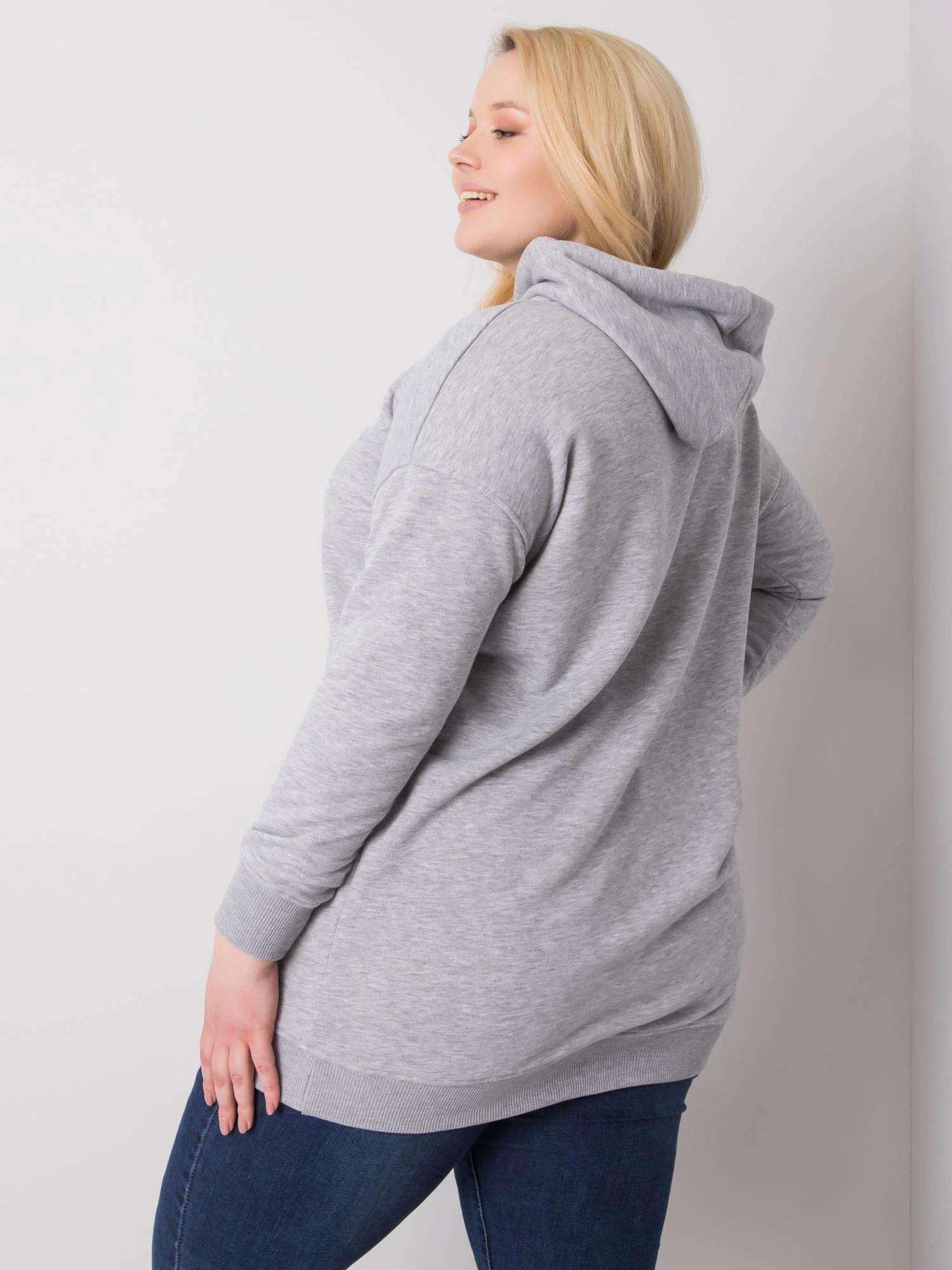 Hanorac Dama Maneca lunga, Imprimat, BASIC FEEL GOOD, Gri Casual Marimi Mari - imagine 5