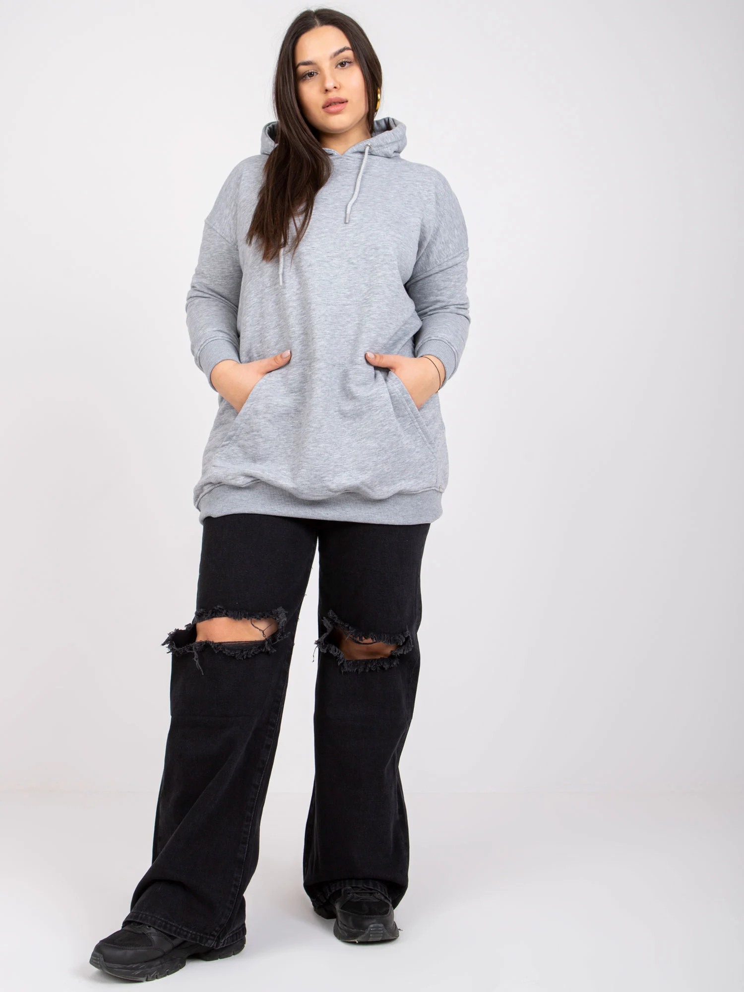 Hanorac Dama Maneca lunga, Imprimat, BASIC FEEL GOOD, Gri Casual Marimi Mari - imagine 8