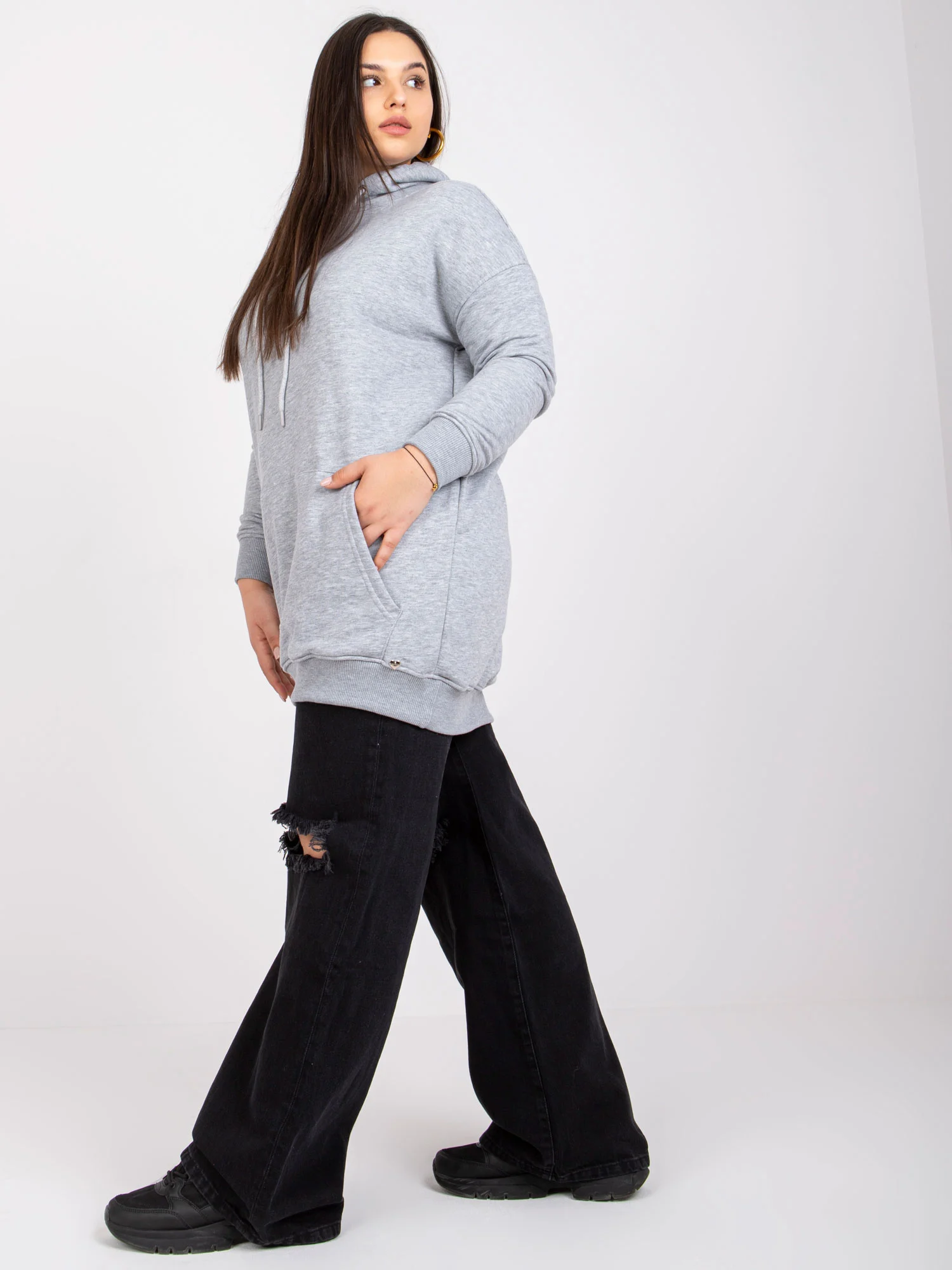 Hanorac Dama Maneca lunga, Imprimat, BASIC FEEL GOOD, Gri Casual Marimi Mari - imagine 6