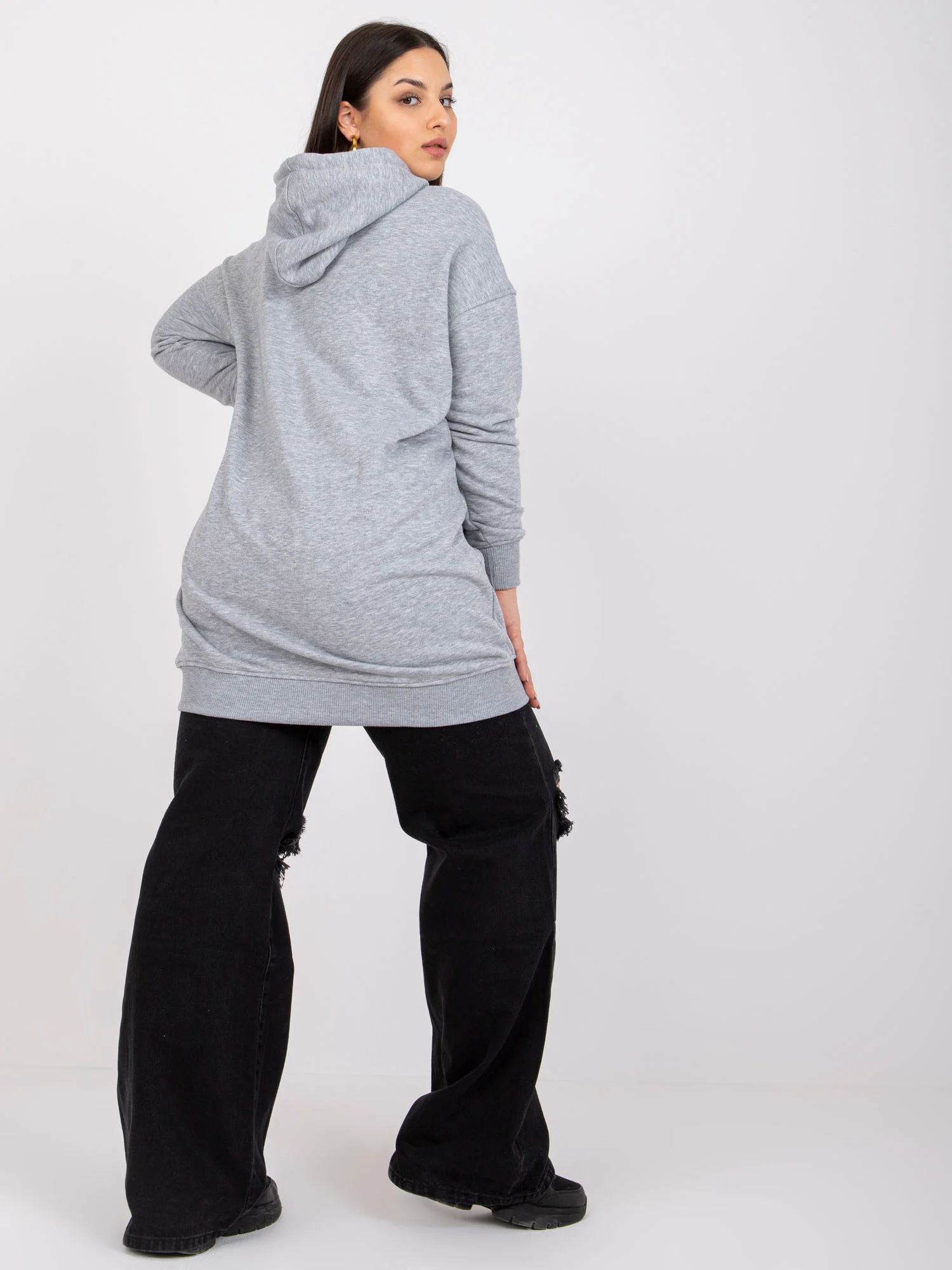 Hanorac Dama Maneca lunga, Imprimat, BASIC FEEL GOOD, Gri Casual Marimi Mari - imagine 4