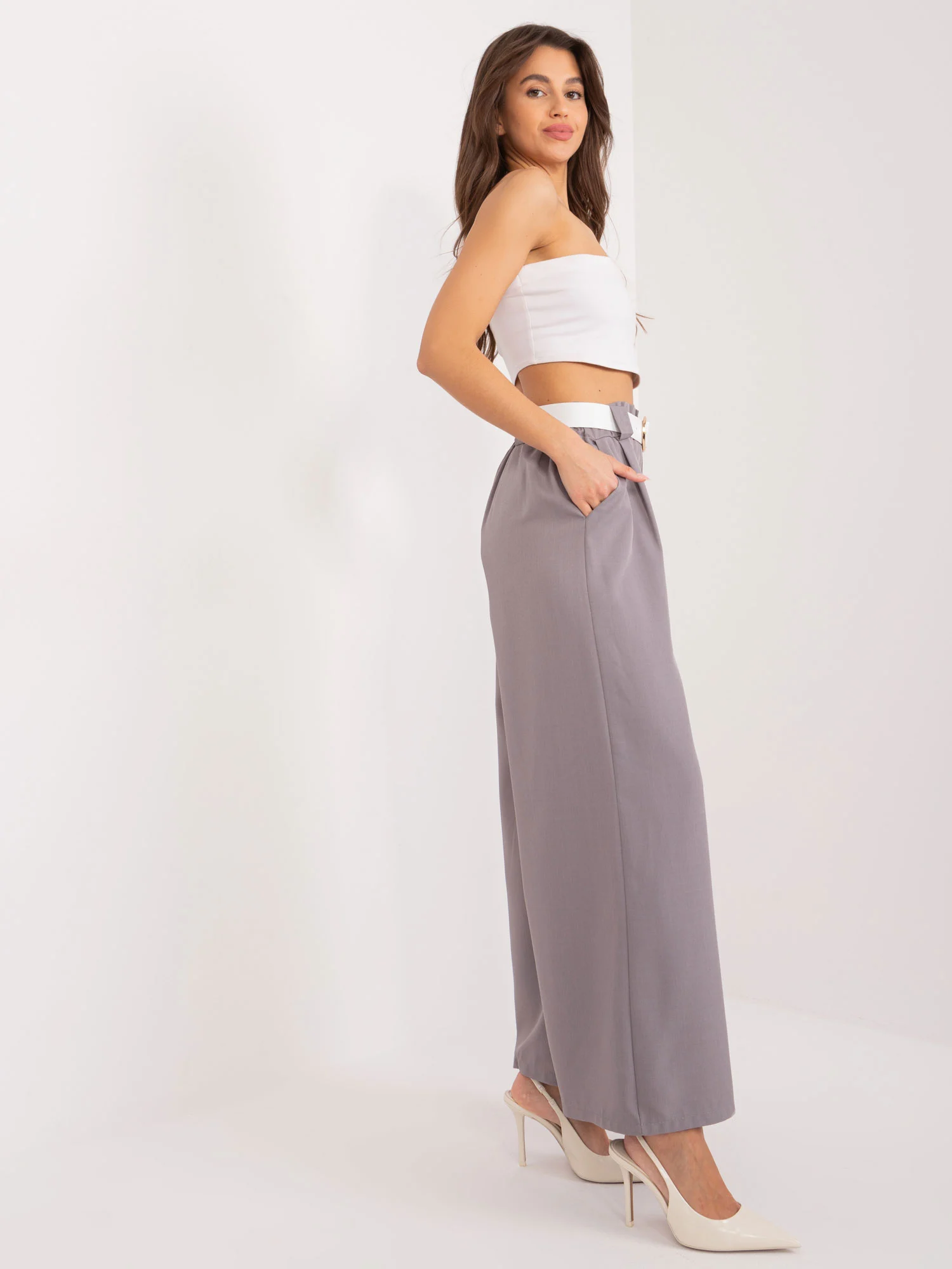 Pantaloni Dama Elegant, Guler inalt, ITALY MODA, Gri de Petrecere - imagine 3