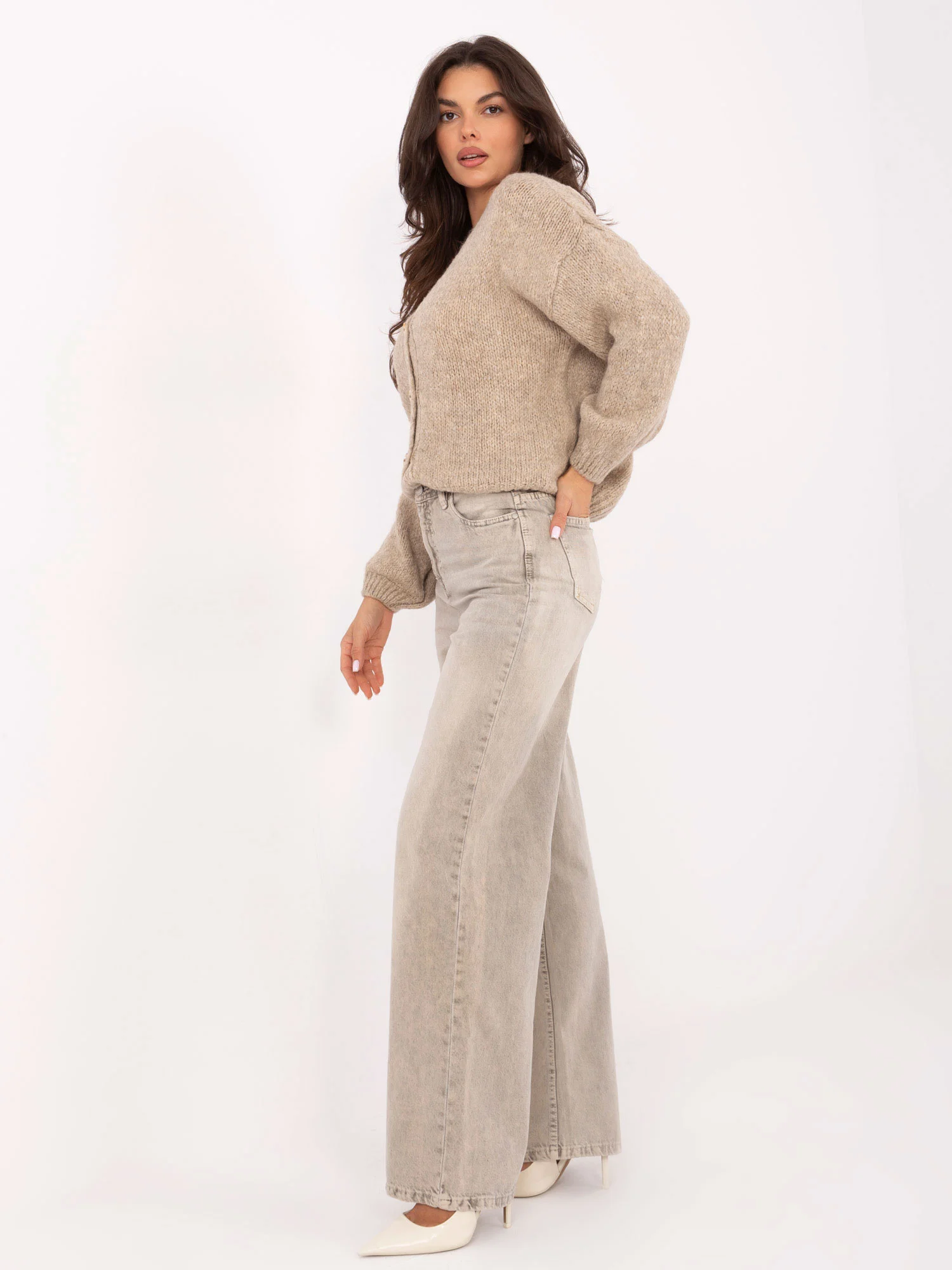 Pantaloni Dama Larga, Guler inalt, Sublevel, Bej Casual Marimi Mari - Image 2