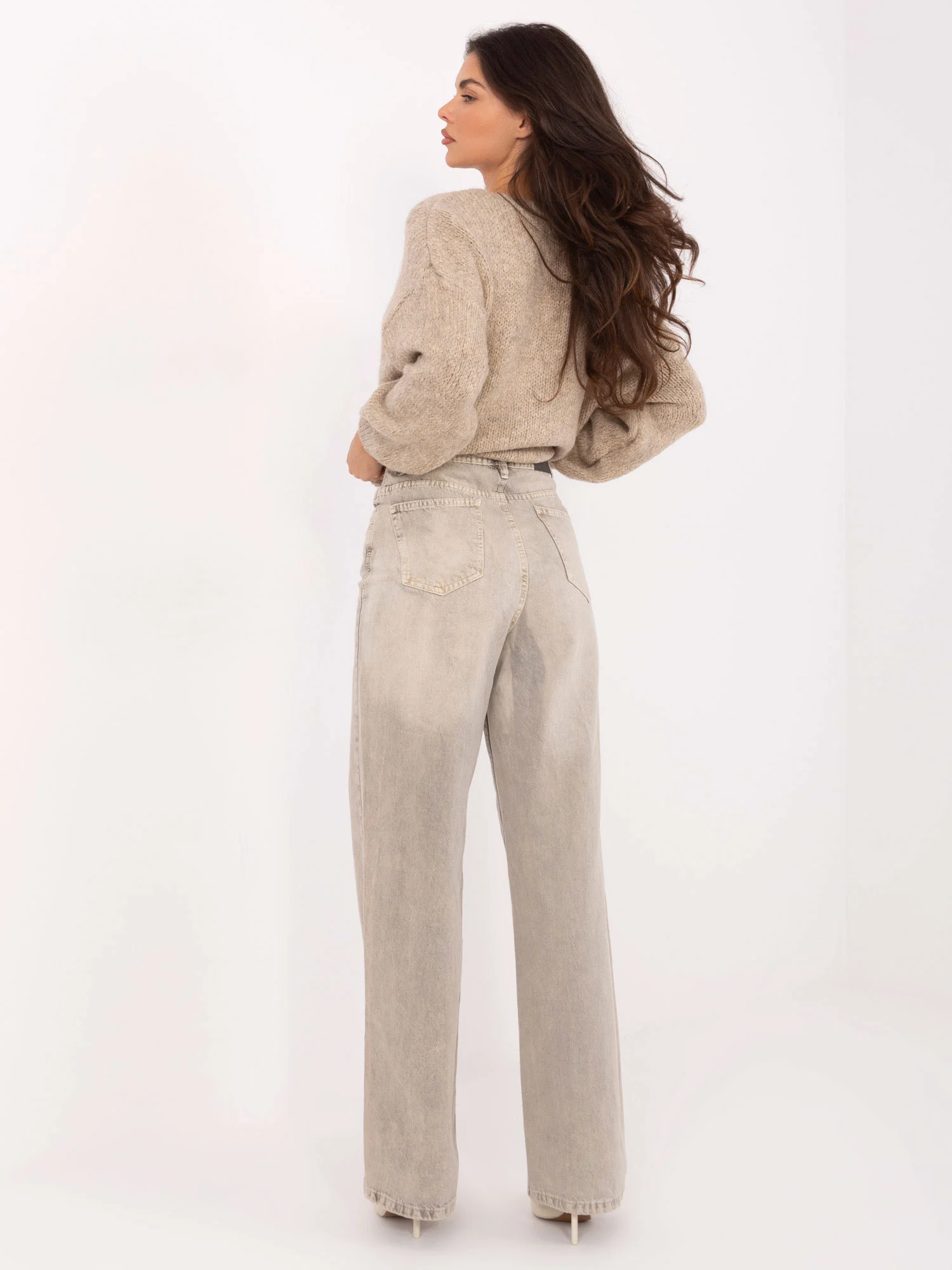 Pantaloni Dama Larga, Guler inalt, Sublevel, Bej Casual Marimi Mari - Image 3
