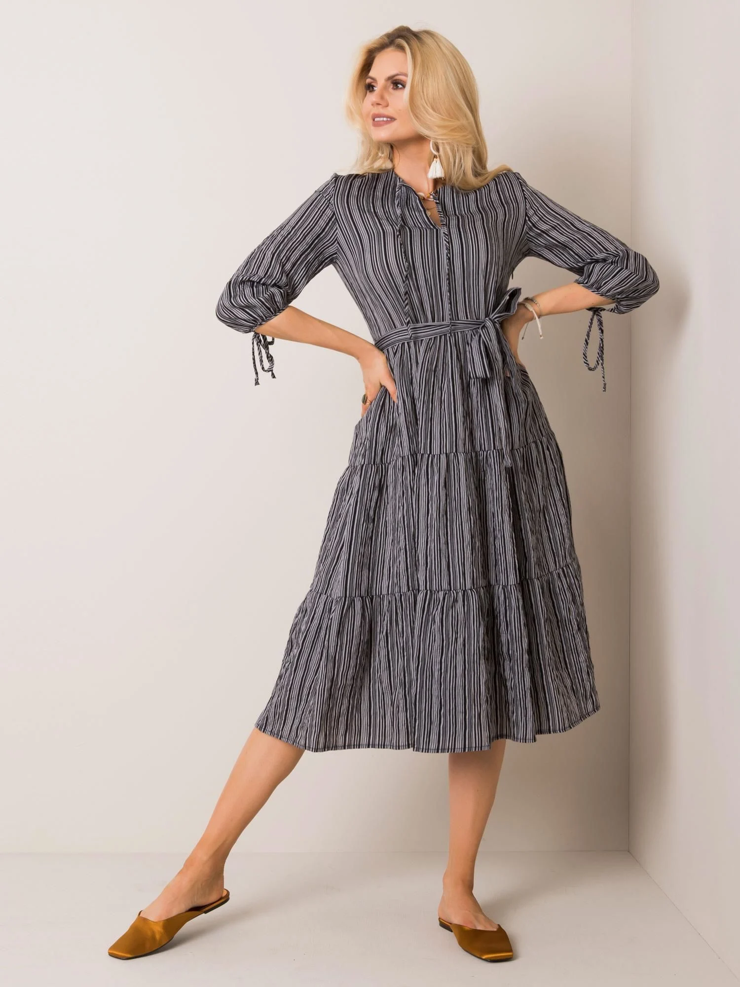 Rochie Dama Midi, Dungi, LAKERTA, Negru Eleganta Office - imagine 2