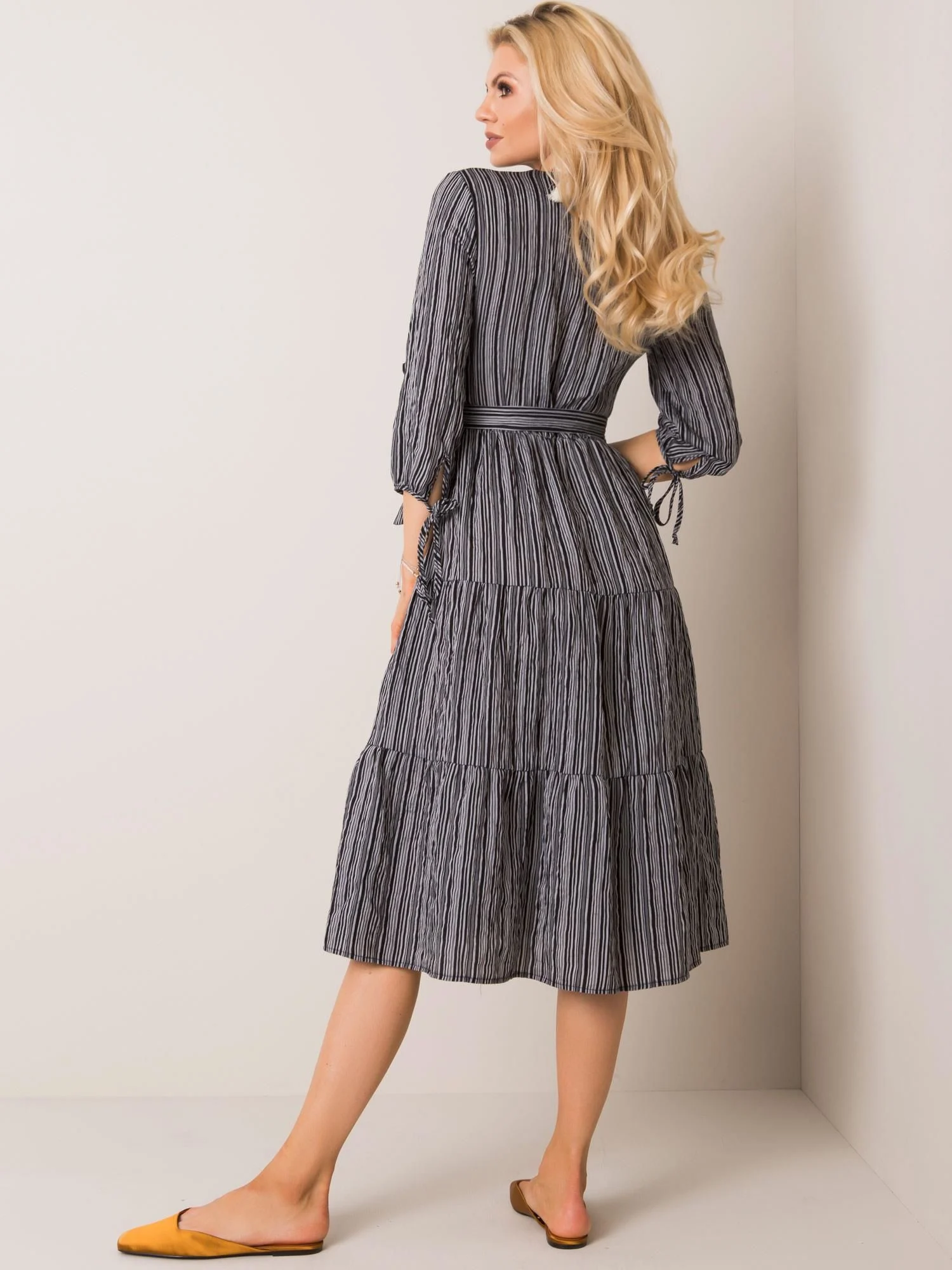 Rochie Dama Midi, Dungi, LAKERTA, Negru Eleganta Office - imagine 3