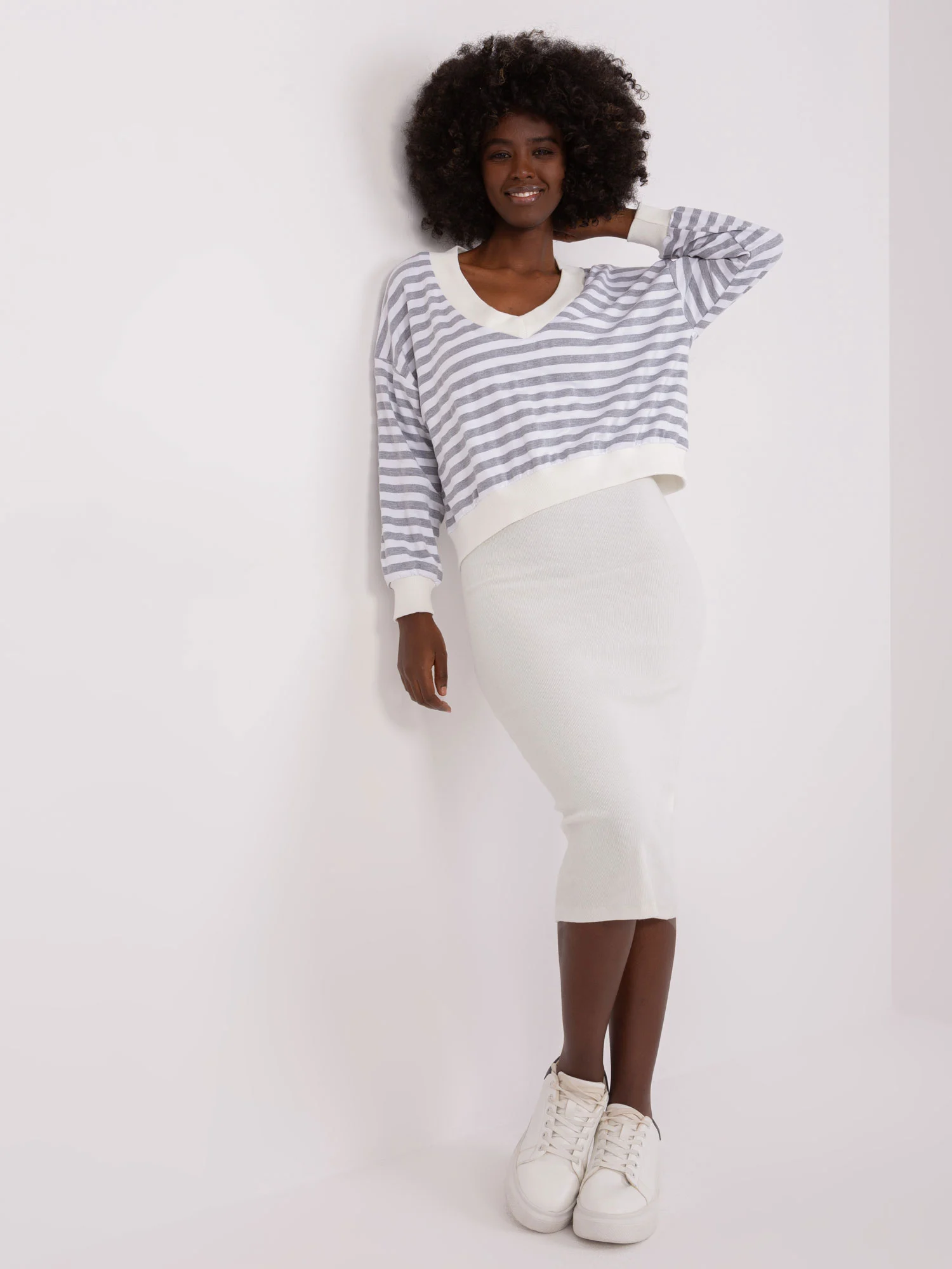 Compleu Dama Midi, Dungi, My Red Lips, Gri Casual - imagine 3