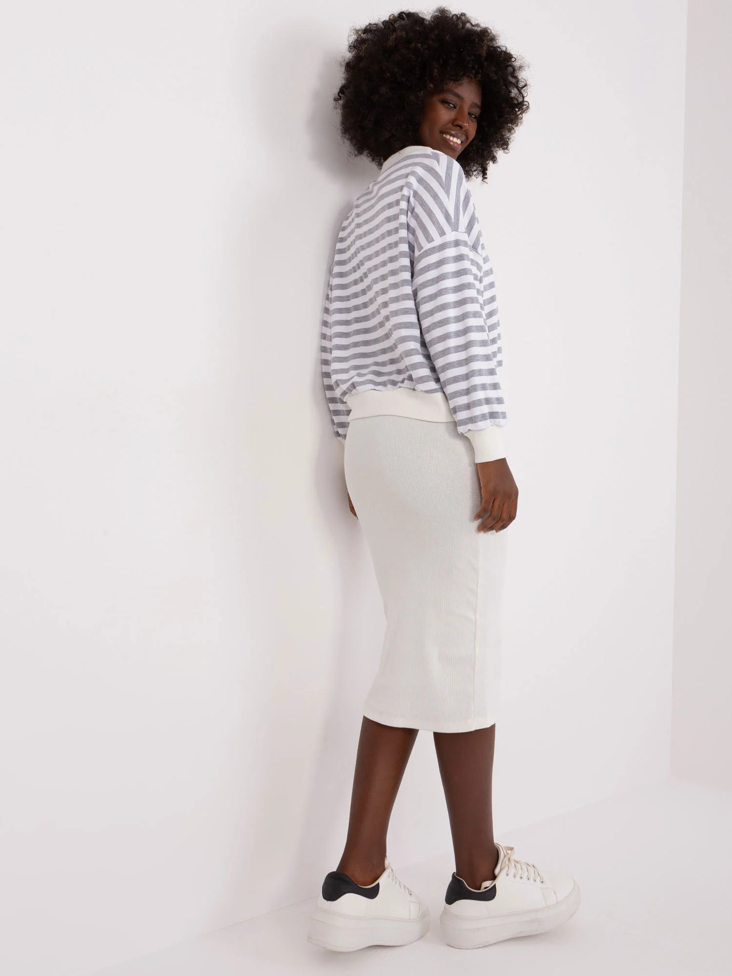 Compleu Dama Midi, Dungi, My Red Lips, Gri Casual - imagine 2