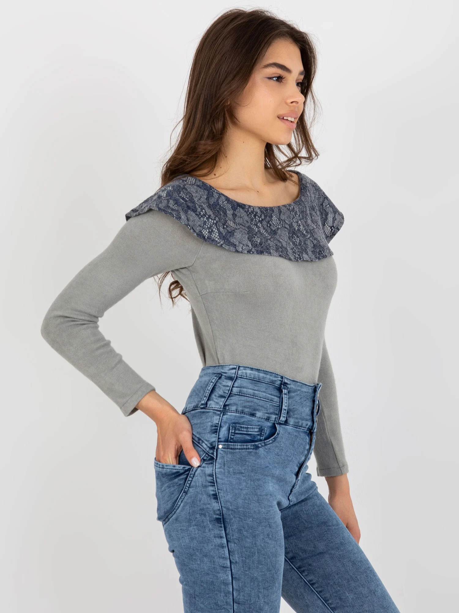 Pulover Dama Maneca lunga, Dantela, LAKERTA, Bleumarin - imagine 3