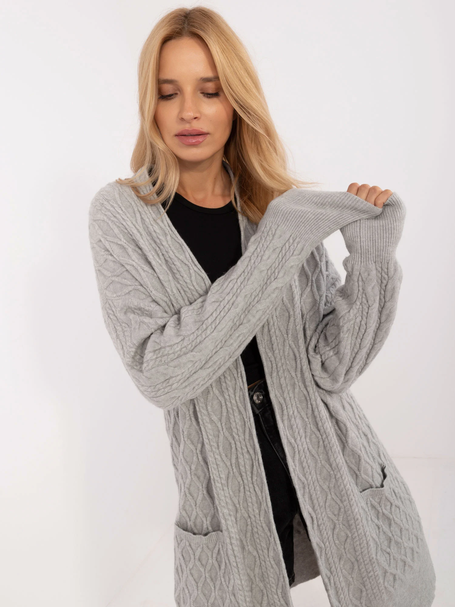 Cardigan Dama Maneca lunga, Guler inalt, Wool Fashion Italia, Gri Casual - imagine 2