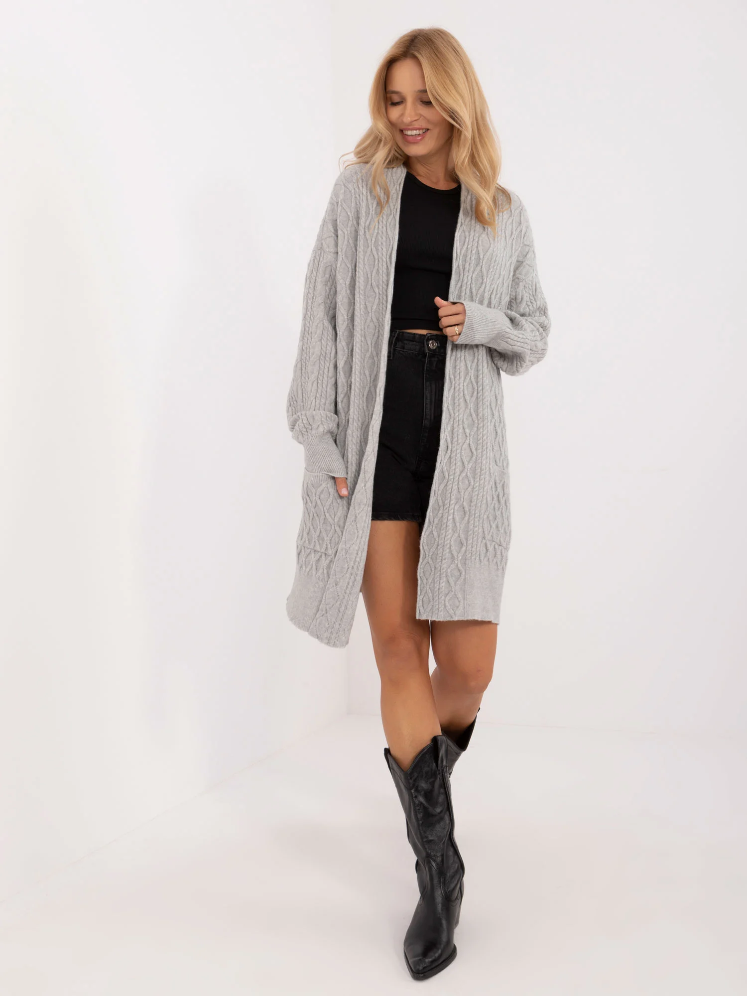 Cardigan Dama Maneca lunga, Guler inalt, Wool Fashion Italia, Gri Casual - imagine 6