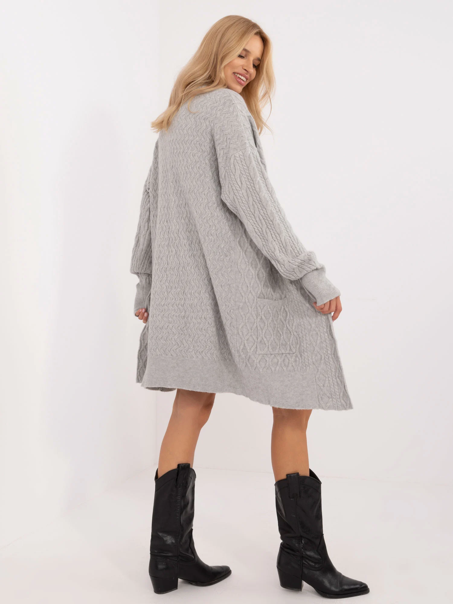 Cardigan Dama Maneca lunga, Guler inalt, Wool Fashion Italia, Gri Casual - imagine 5
