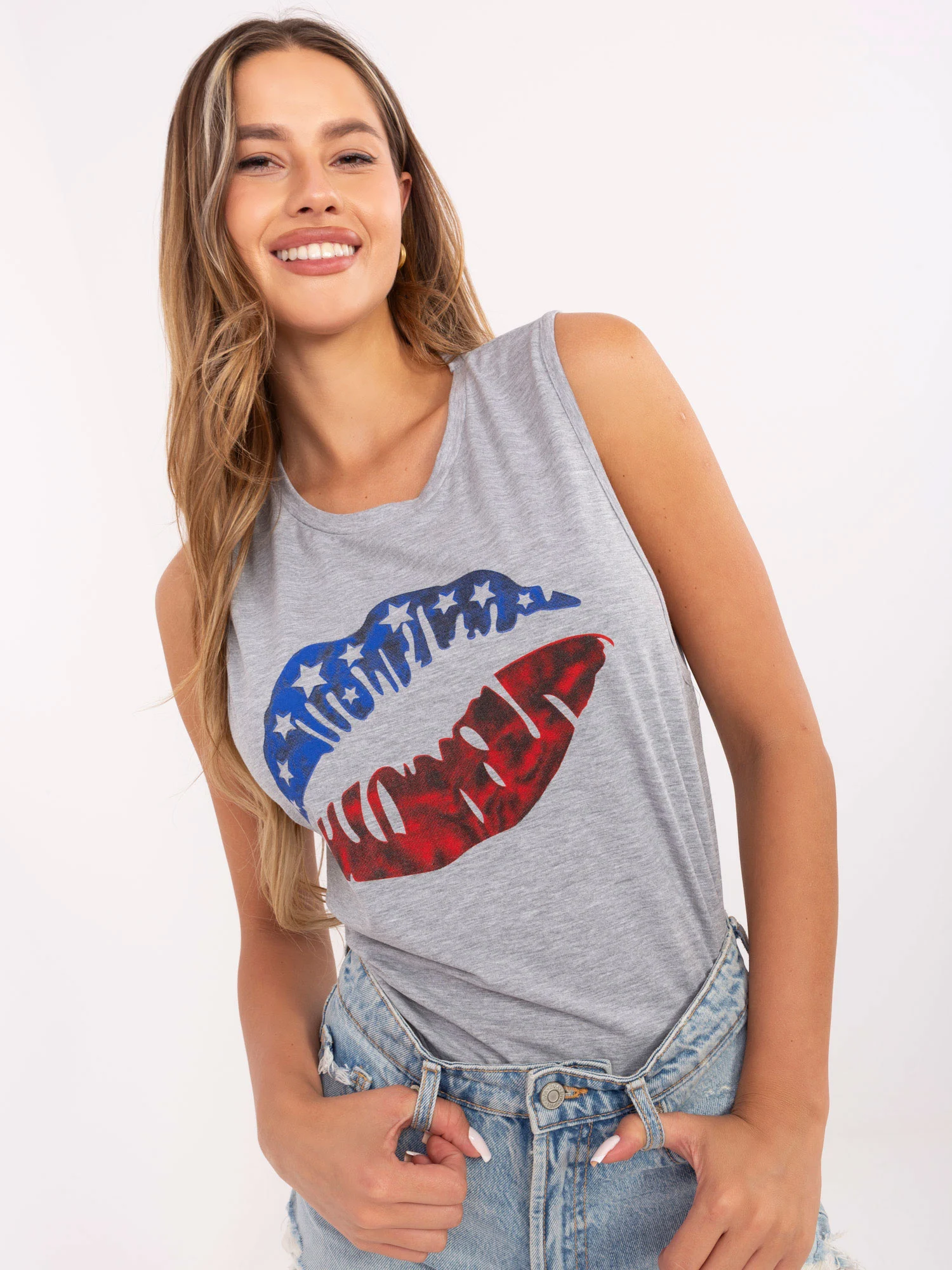 Top Dama Decolteu rotund, Bumbac, RUE PARIS, Gri - imagine 3