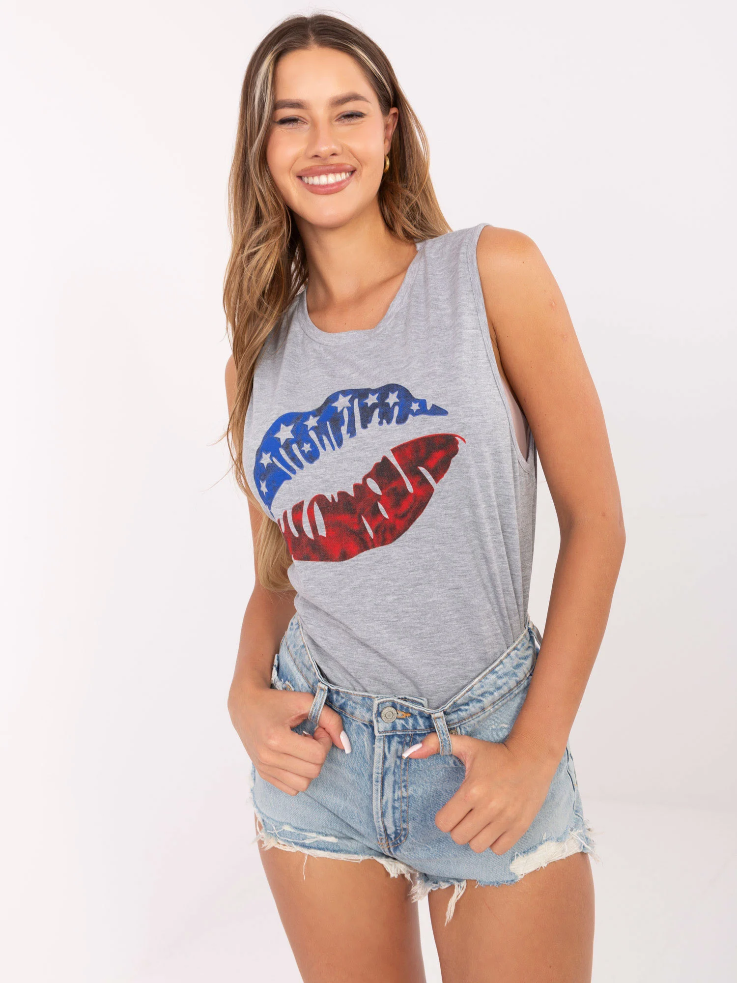 Top Dama Decolteu rotund, Bumbac, RUE PARIS, Gri - imagine 4