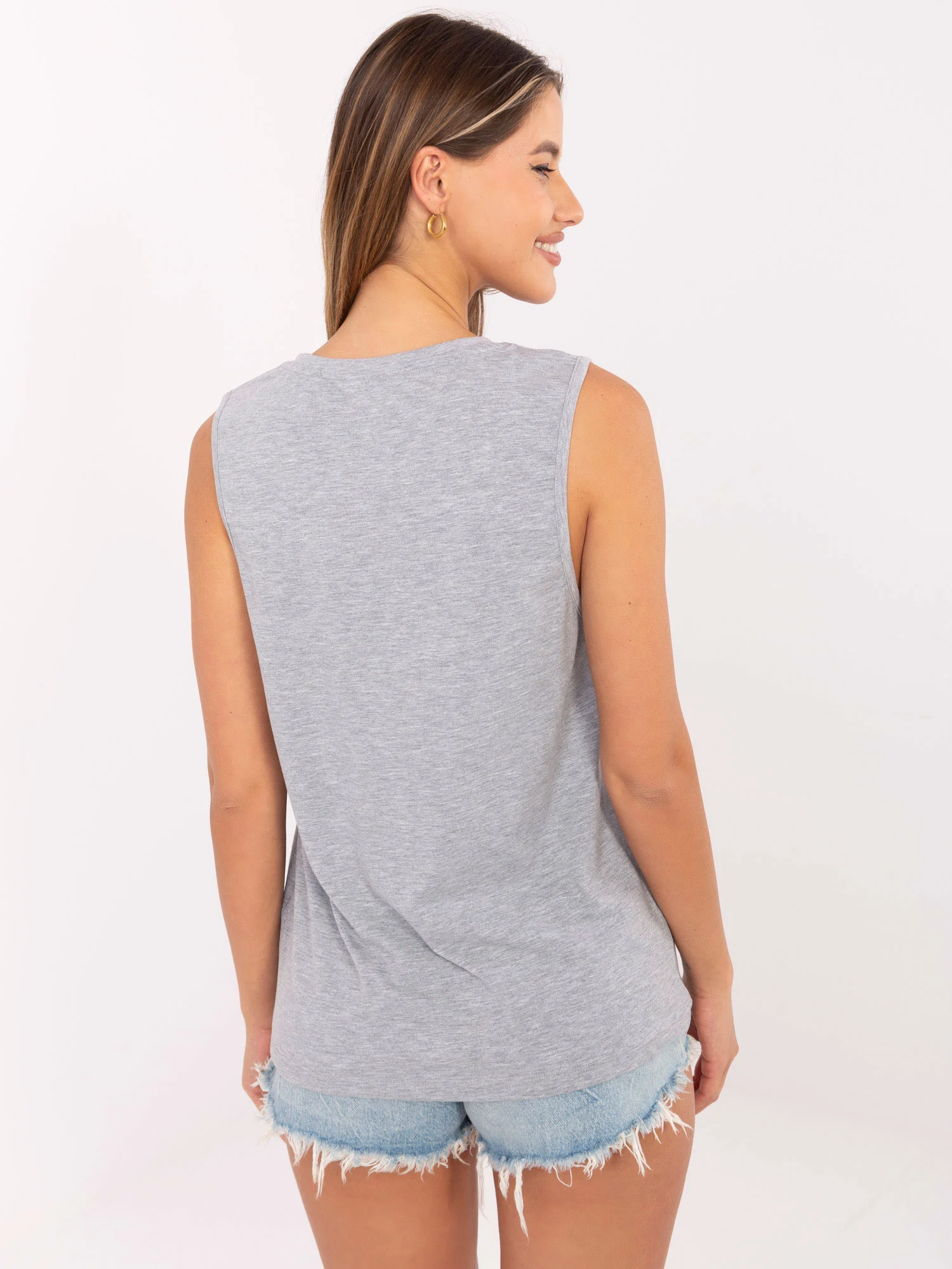 Top Dama Decolteu rotund, Bumbac, RUE PARIS, Gri - imagine 2