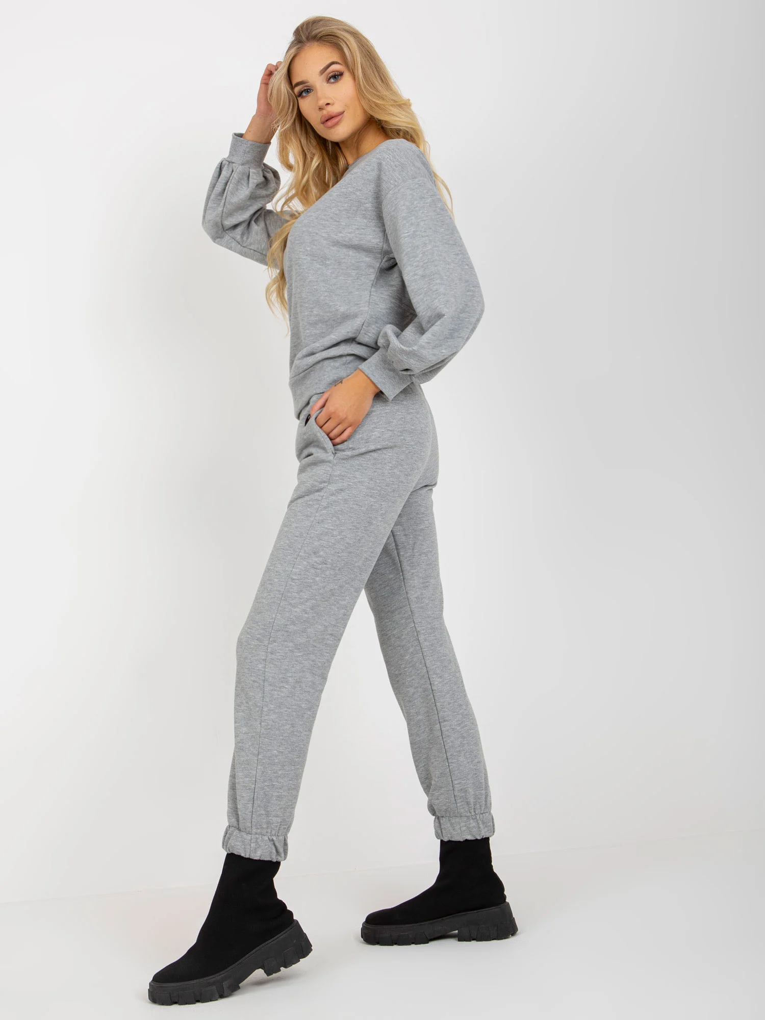 Compleu Dama Maneca lunga, Mansete elastice, ex moda, Gri Casual - imagine 2