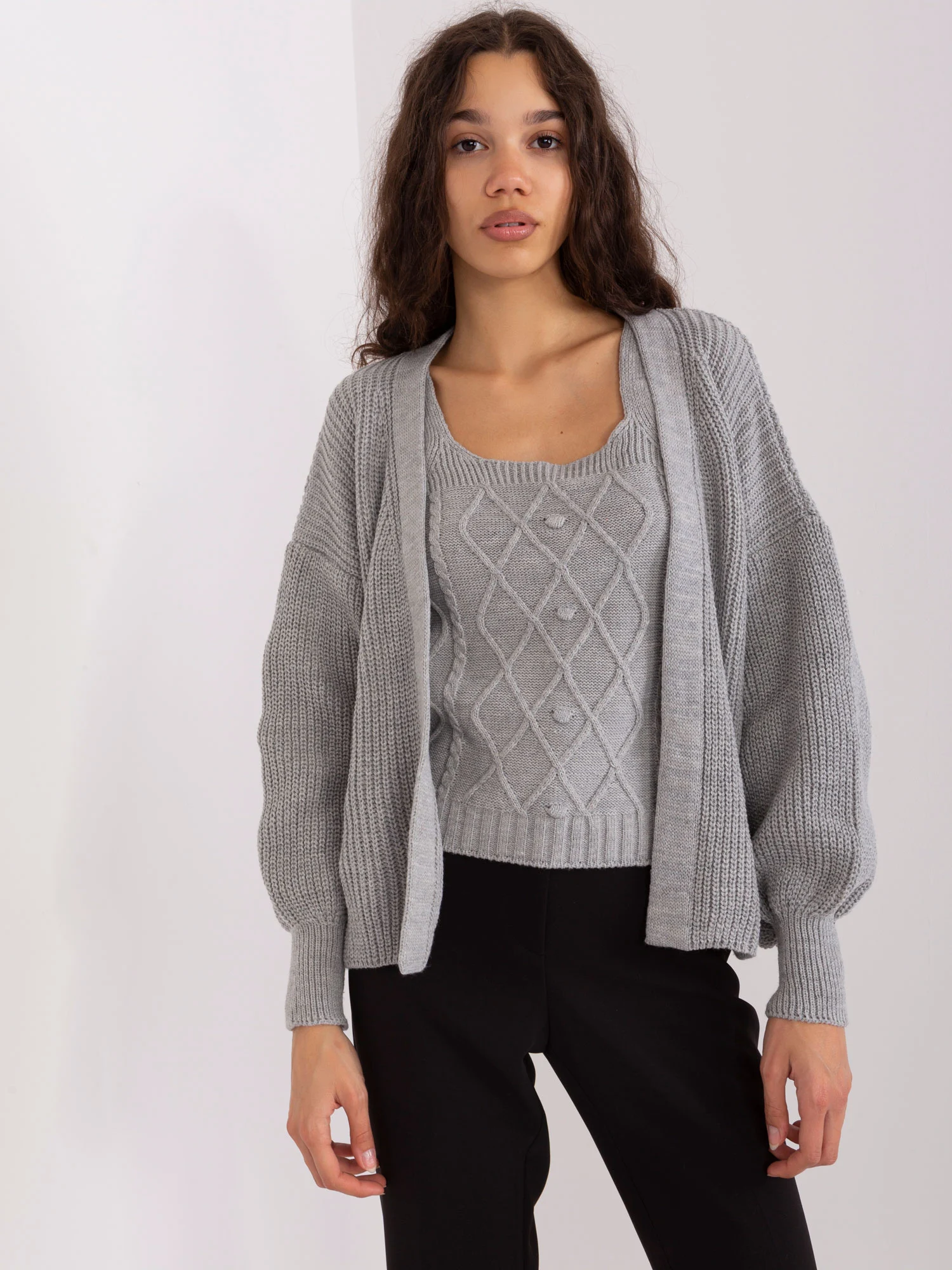 Compleu Dama Maneca lunga, Guler inalt, BADU, Gri Eleganta Office - imagine 8