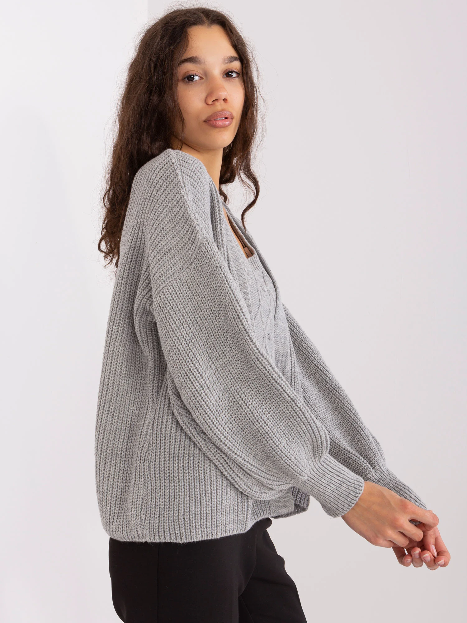 Compleu Dama Maneca lunga, Guler inalt, BADU, Gri Eleganta Office - imagine 3