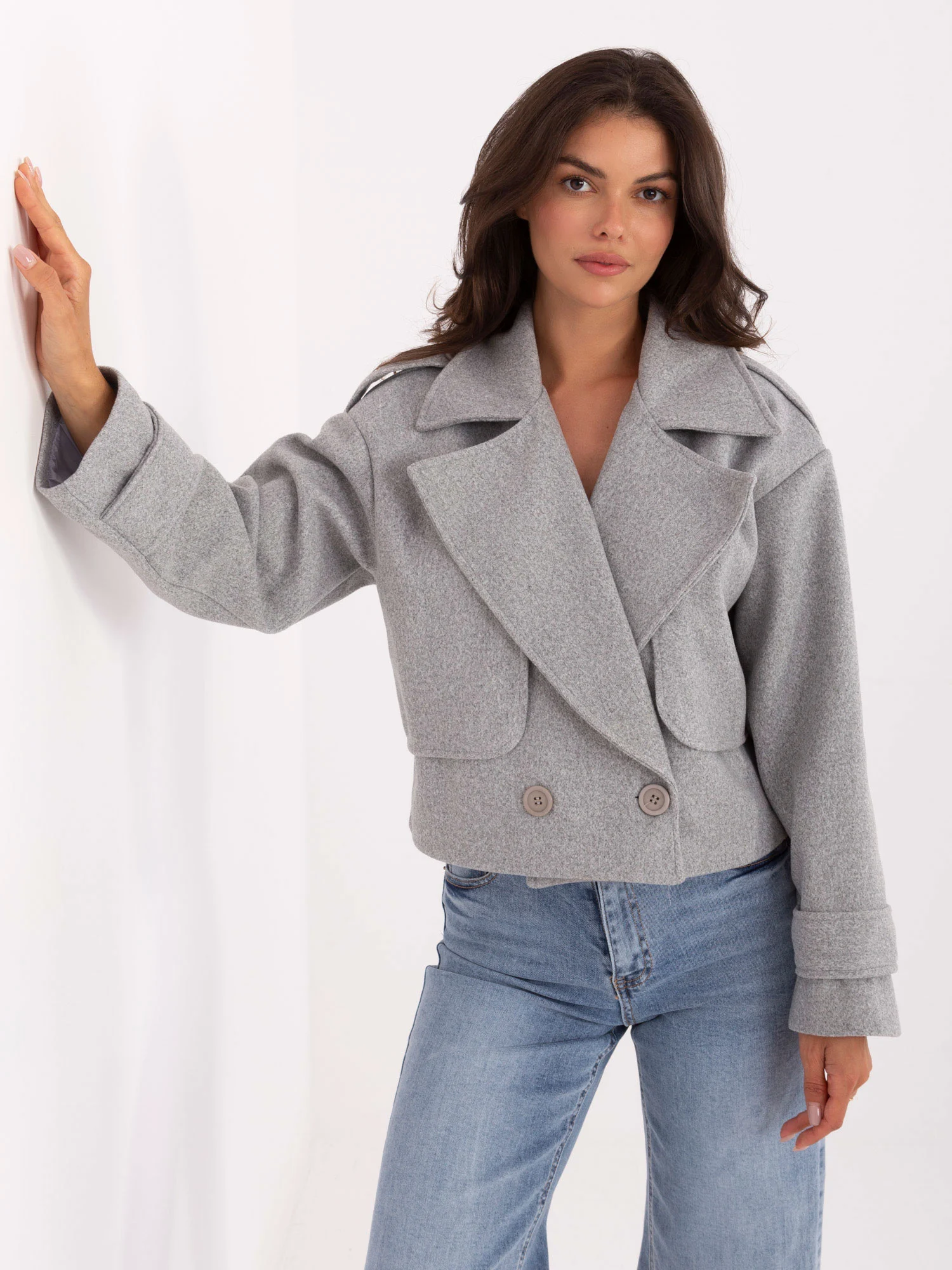 Jacheta Dama Mini, Guler inalt, RUE PARIS, Gri Eleganta Office - imagine 2